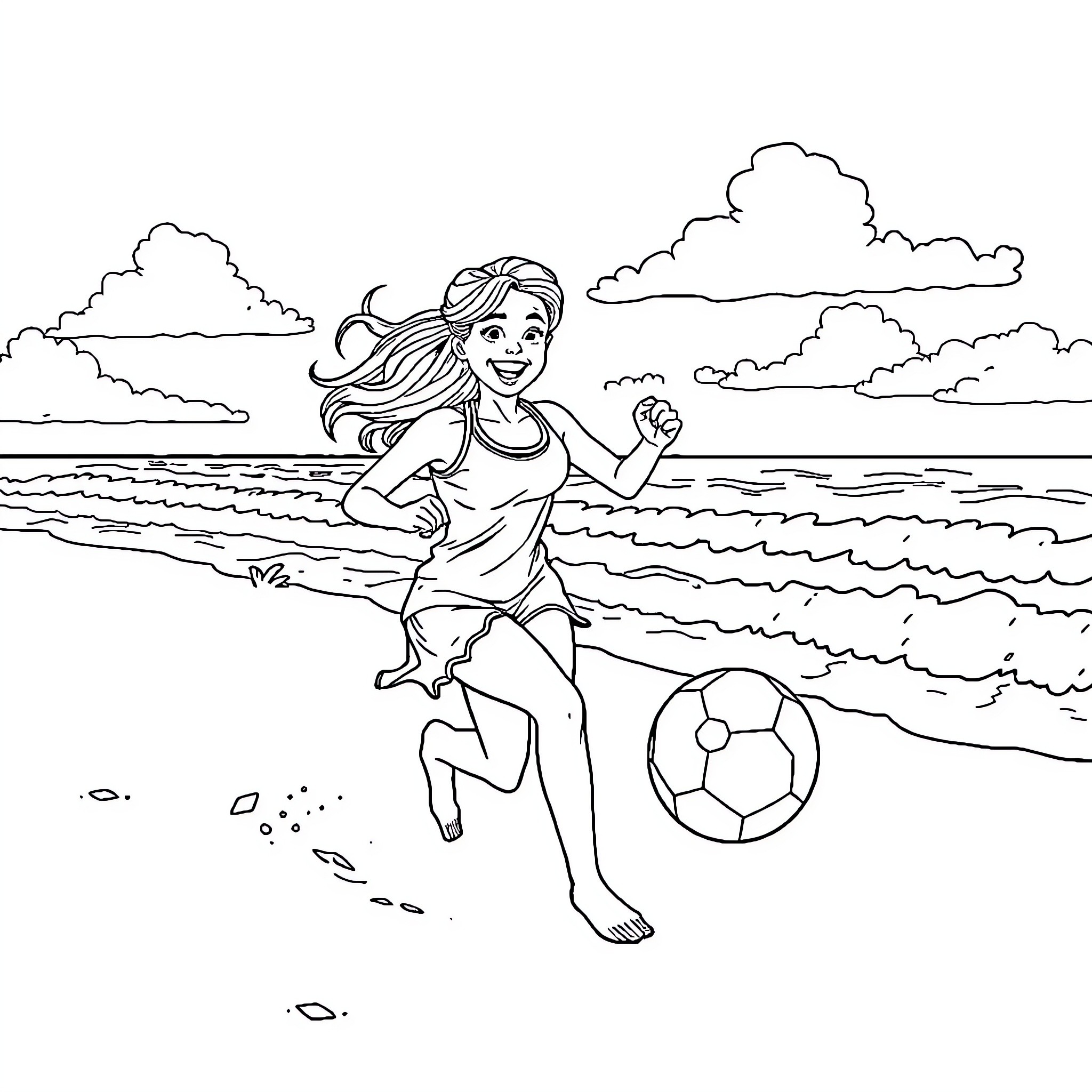 Lisa Flapacha playing with soccer ball on the beach Coloring Page (free black-and-white line drawing printable PDF for all, from beginners to advanced learners, including children, teens, adults, and seniors)