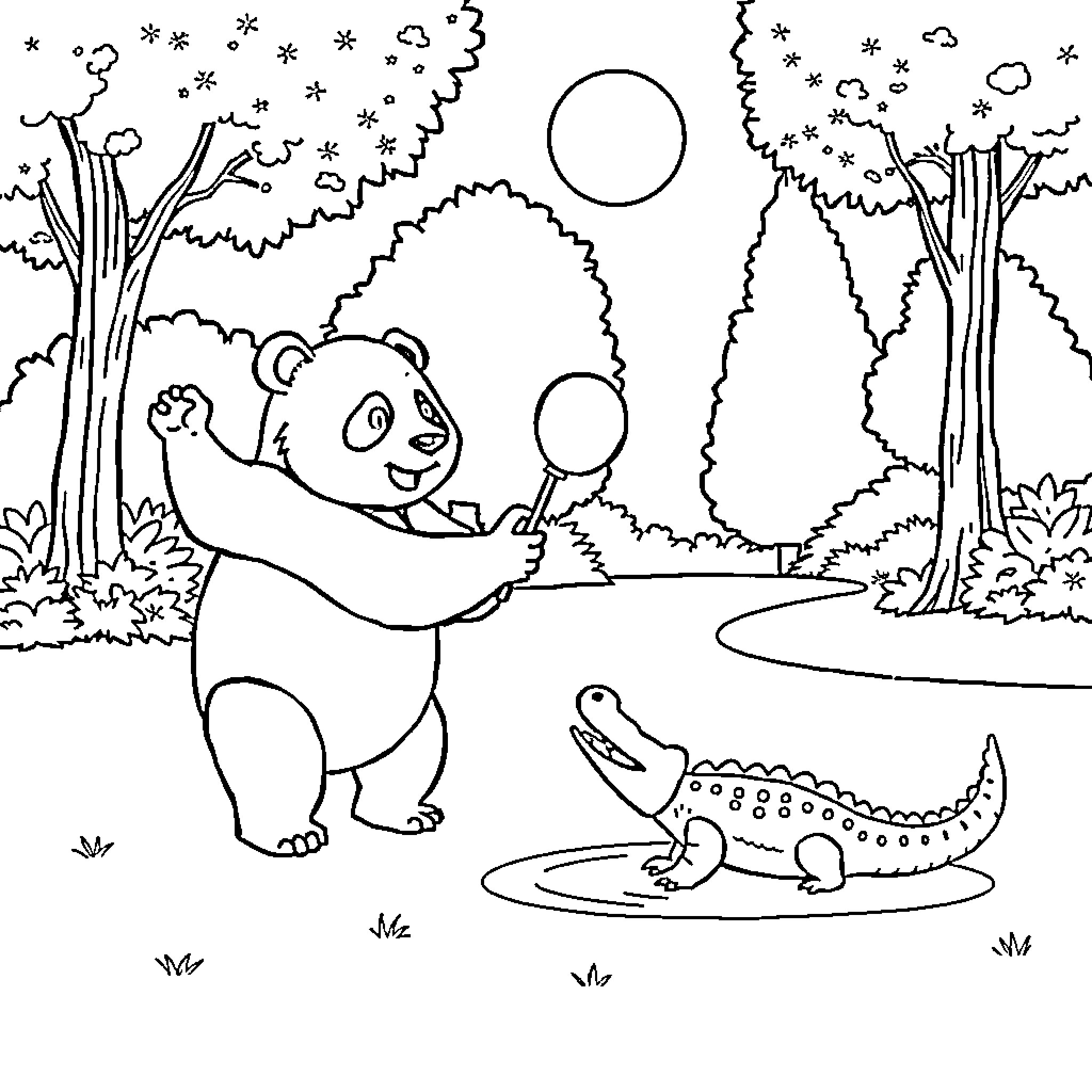 Panda playing with crocodile in nature Coloring Page (free black-and-white line drawing printable PDF for all, from beginners to advanced learners, including children, teens, adults, and seniors)