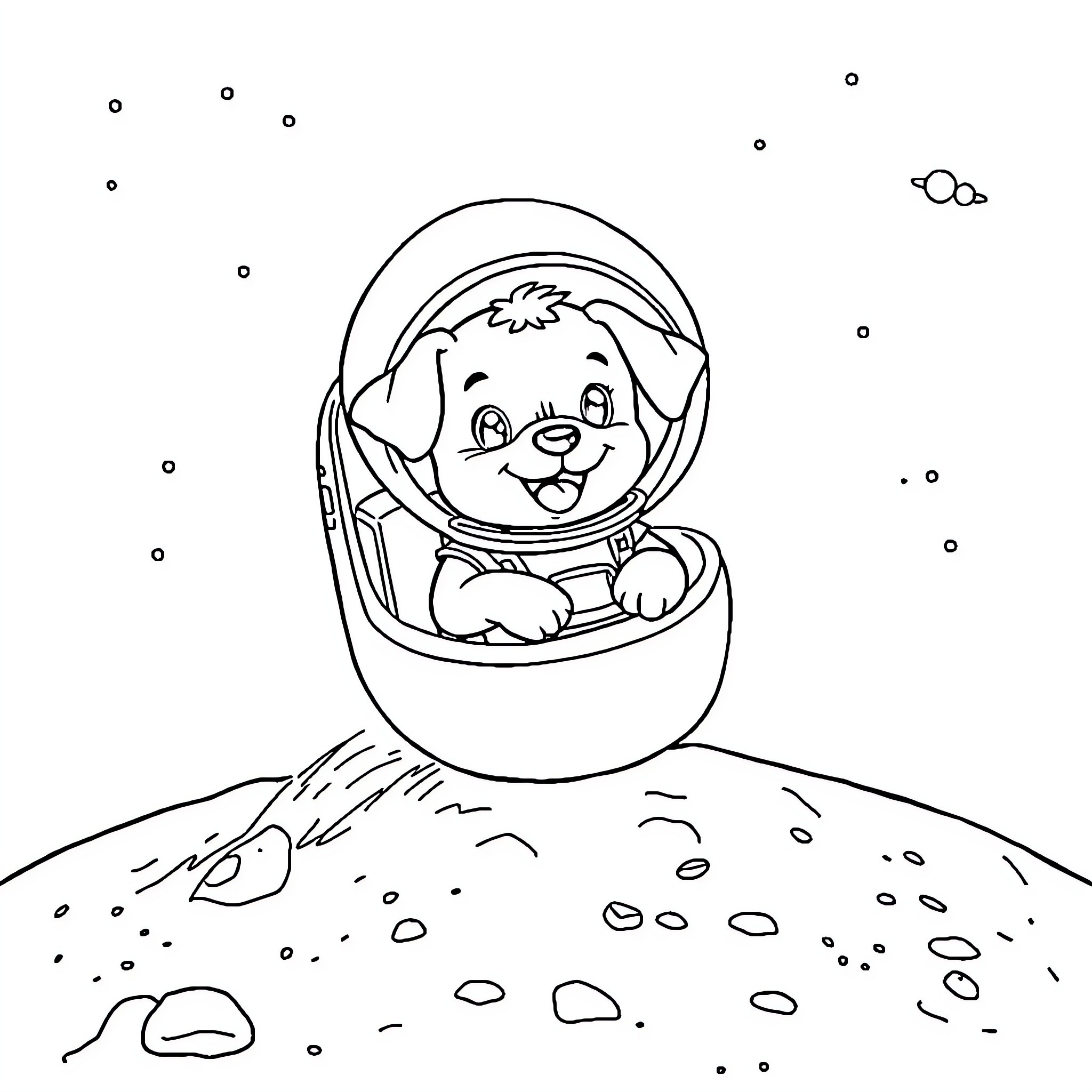 Astronaut puppy exploring the lunar surface Coloring Page (free black-and-white line drawing printable PDF for all, from beginners to advanced learners, including children, teens, adults, and seniors)