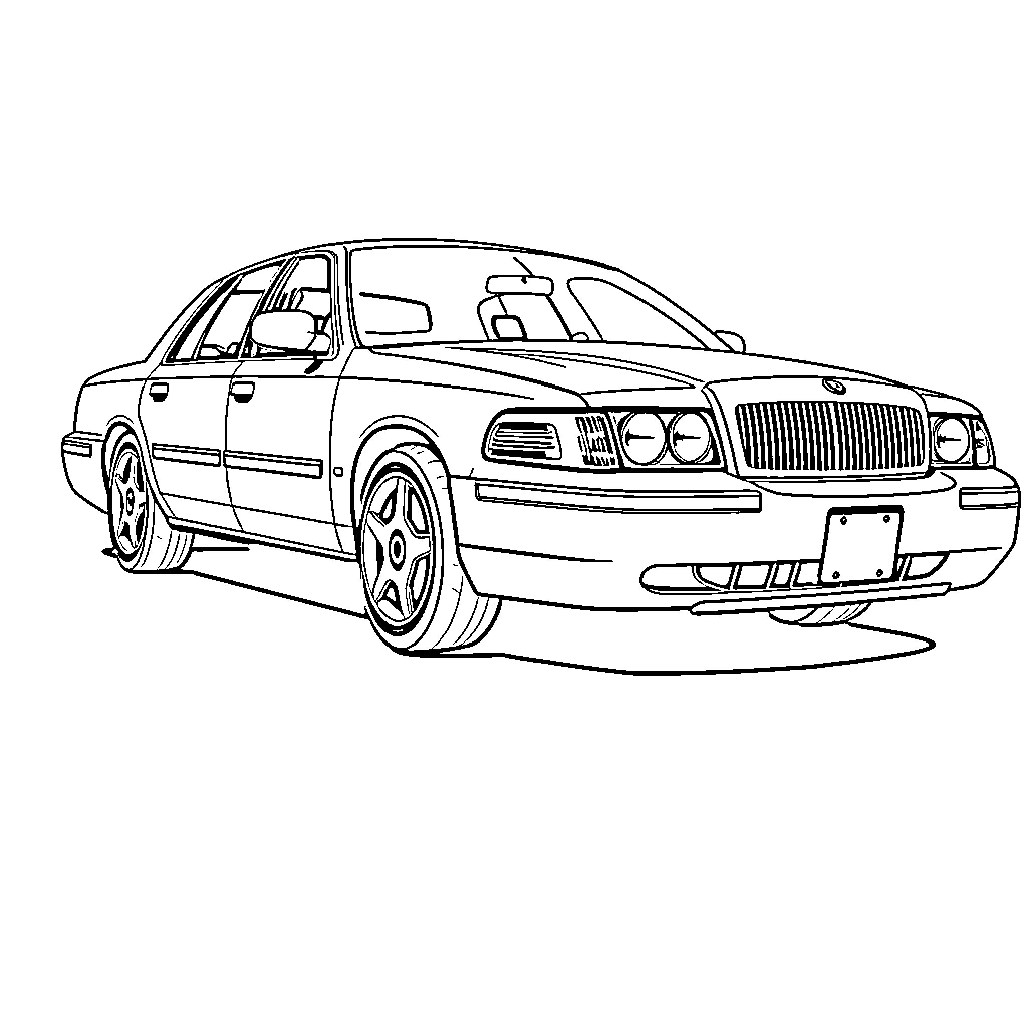 Grand Marquis luxury sedan in outline form Coloring Page (free black-and-white line drawing printable PDF for all, from beginners to advanced learners, including children, teens, adults, and seniors)