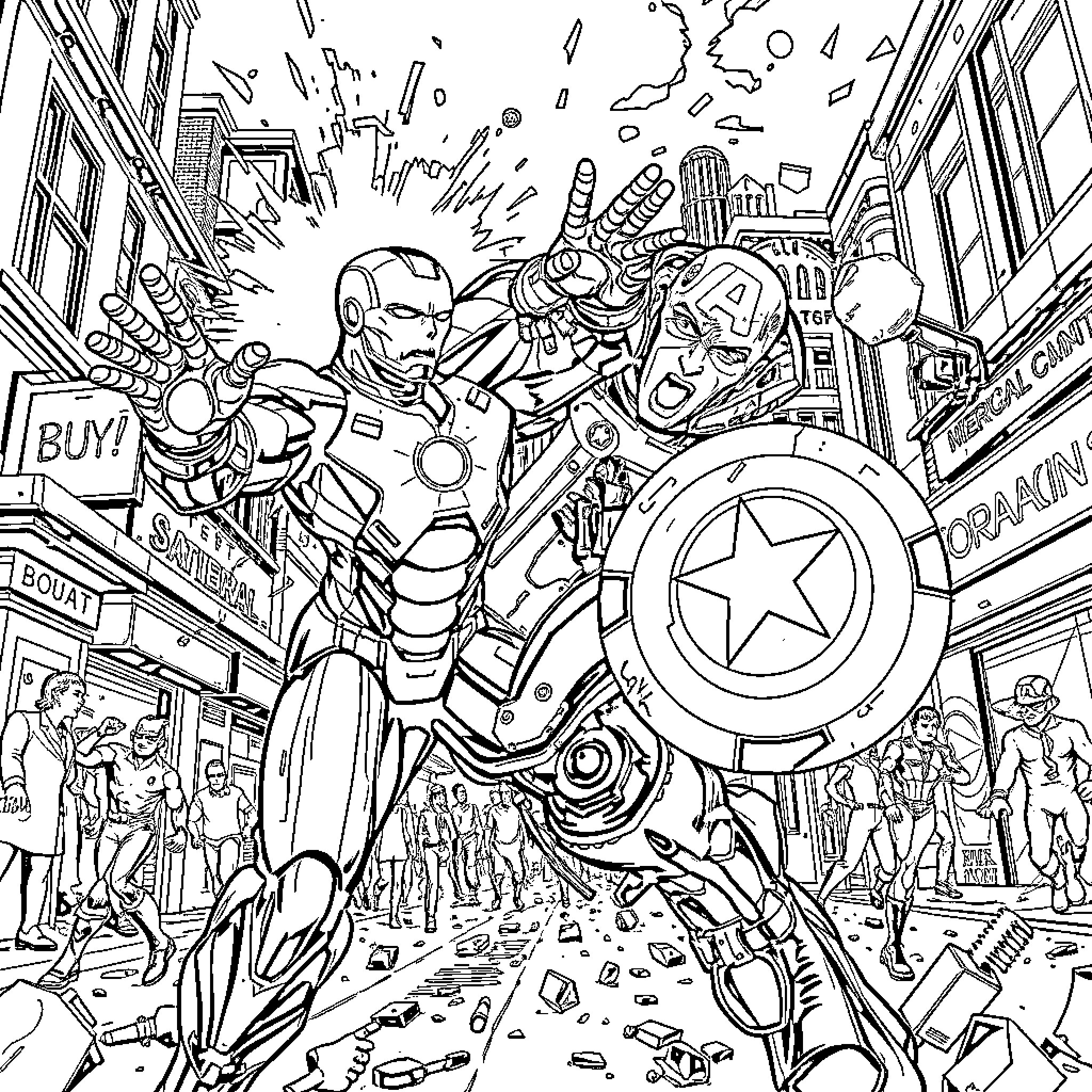 Iron Man and Captain America battling villains in the city Coloring Page (free black-and-white line drawing printable PDF for all, from beginners to advanced learners, including children, teens, adults, and seniors)