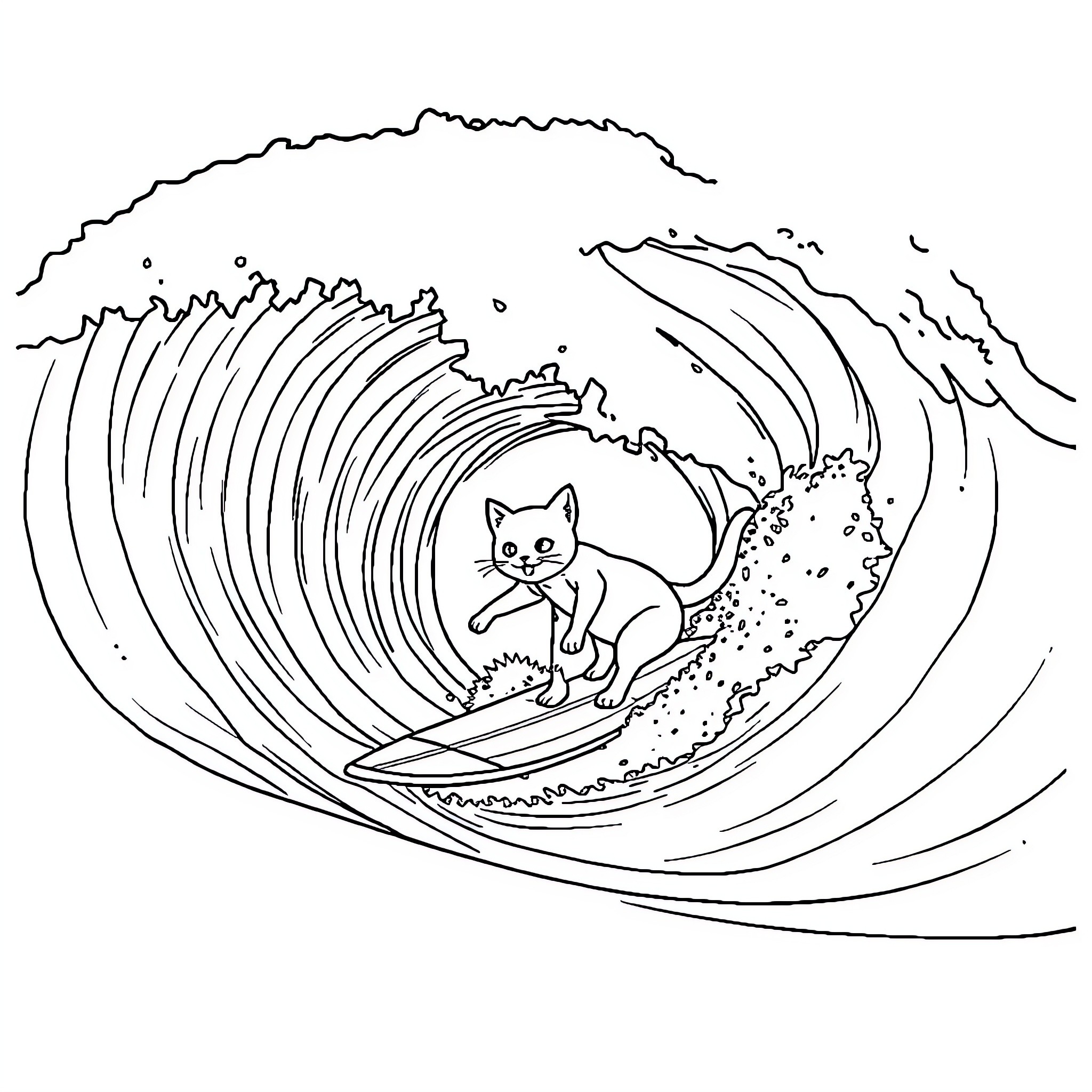 Chat Riding Waves in the Ocean Coloring Page (free black-and-white line drawing printable PDF for all, from beginners to advanced learners, including children, teens, adults, and seniors)