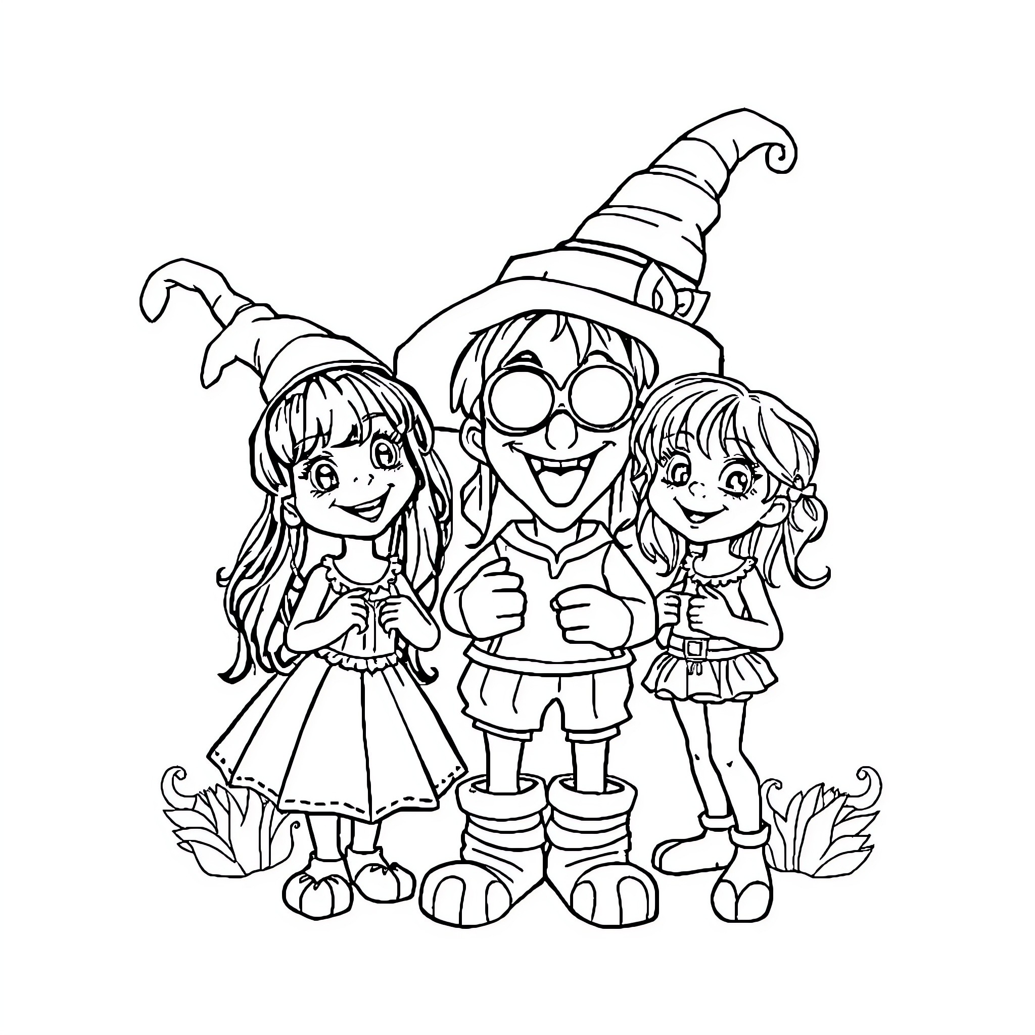 Nutcracker Characters in Playful Poses Coloring Page (free black-and-white line drawing printable PDF for all, from beginners to advanced learners, including children, teens, adults, and seniors)