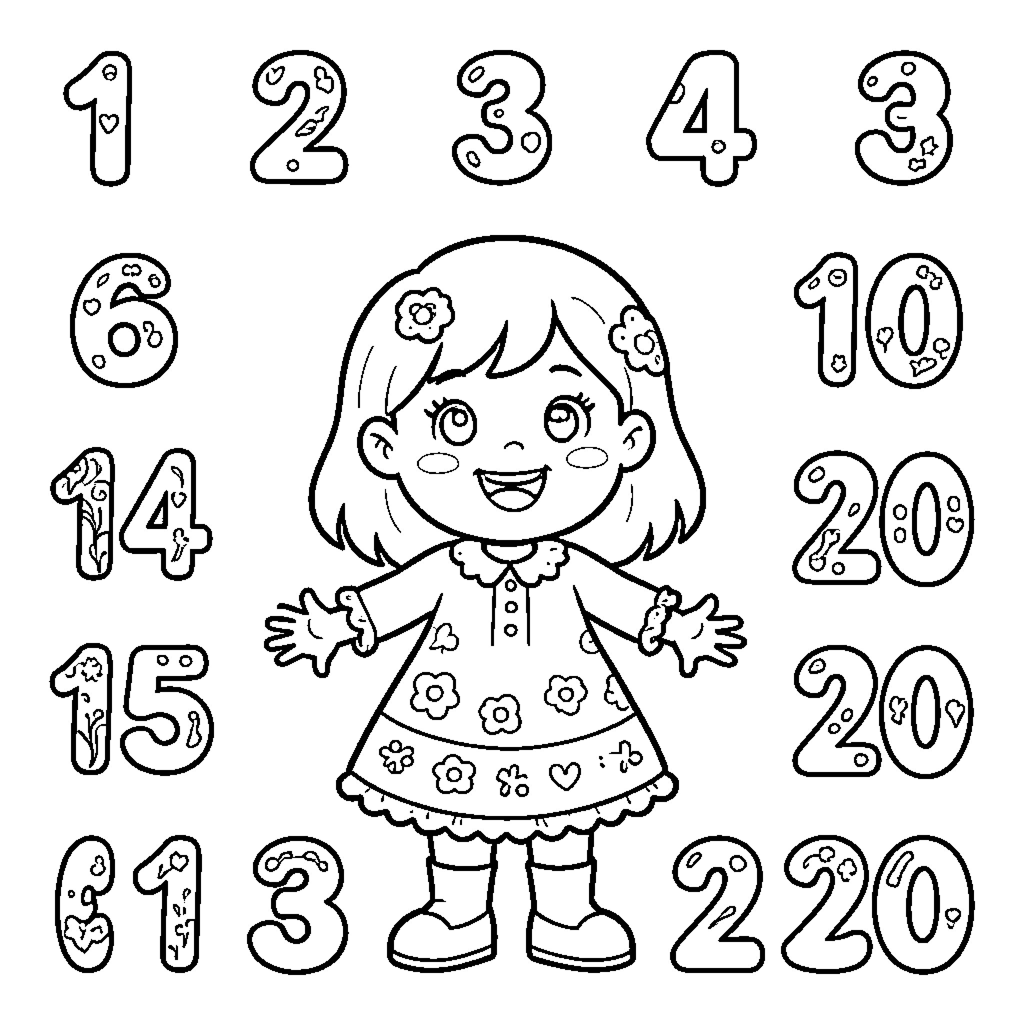 Pepa smiling joyfully surrounded by many numbers Coloring Page (free black-and-white line drawing printable PDF for all, from beginners to advanced learners, including children, teens, adults, and seniors)