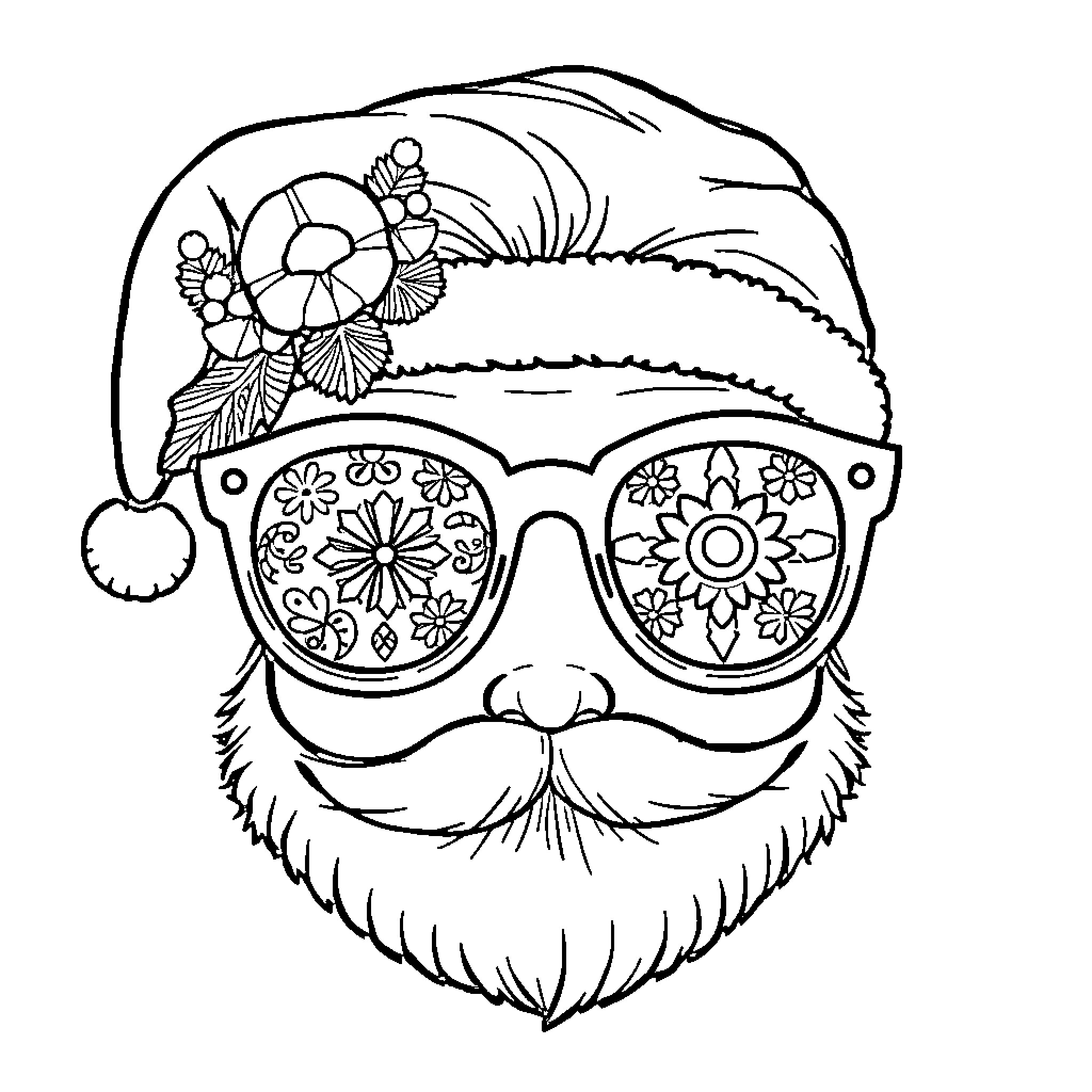 Eye Glasses with Floral Pattern and Bearded Face Coloring Page (free black-and-white line drawing printable PDF for all, from beginners to advanced learners, including children, teens, adults, and seniors)
