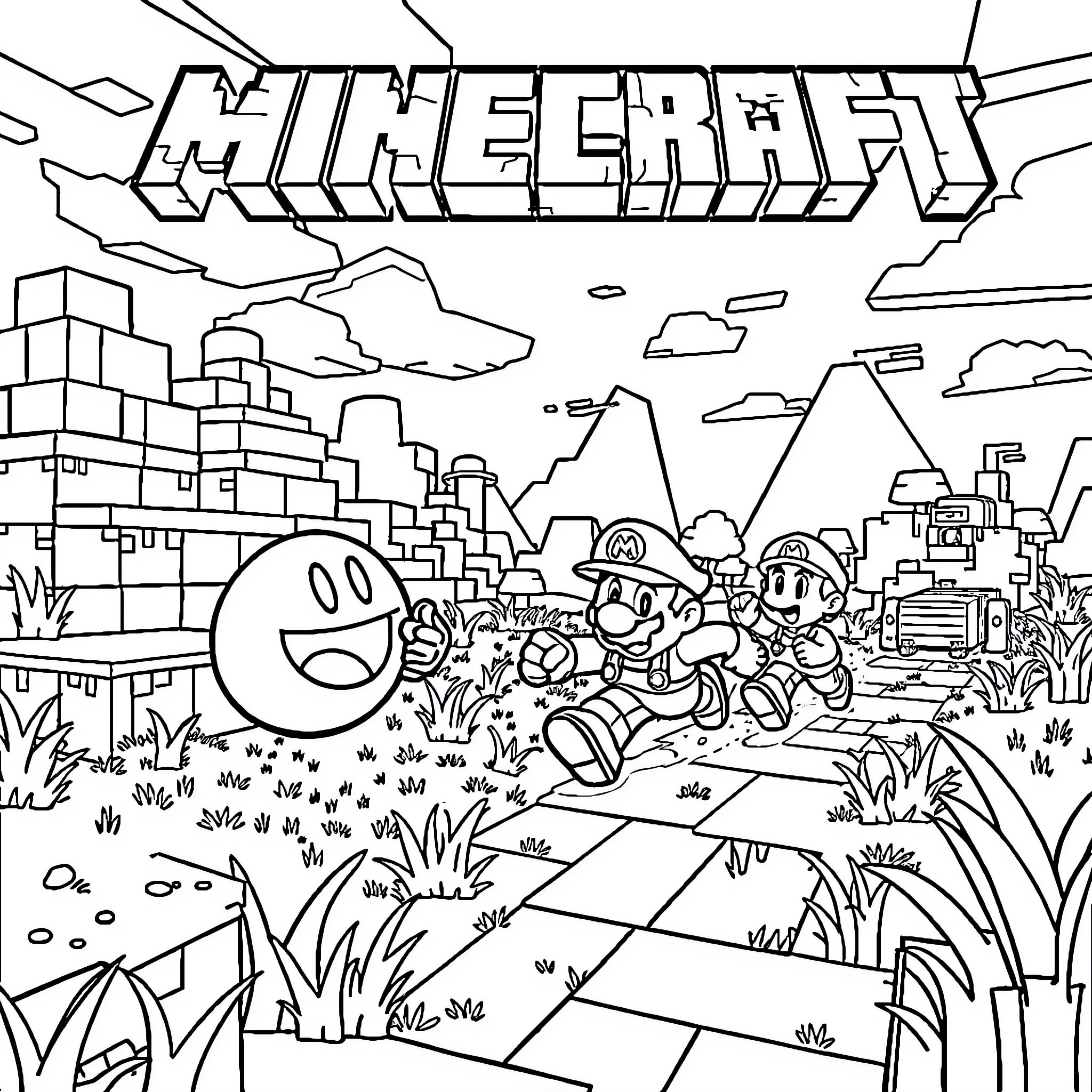 Pac-Man characters in a whimsical Minecraft-inspired landscape Coloring Page (free black-and-white line drawing printable PDF for all, from beginners to advanced learners, including children, teens, adults, and seniors)