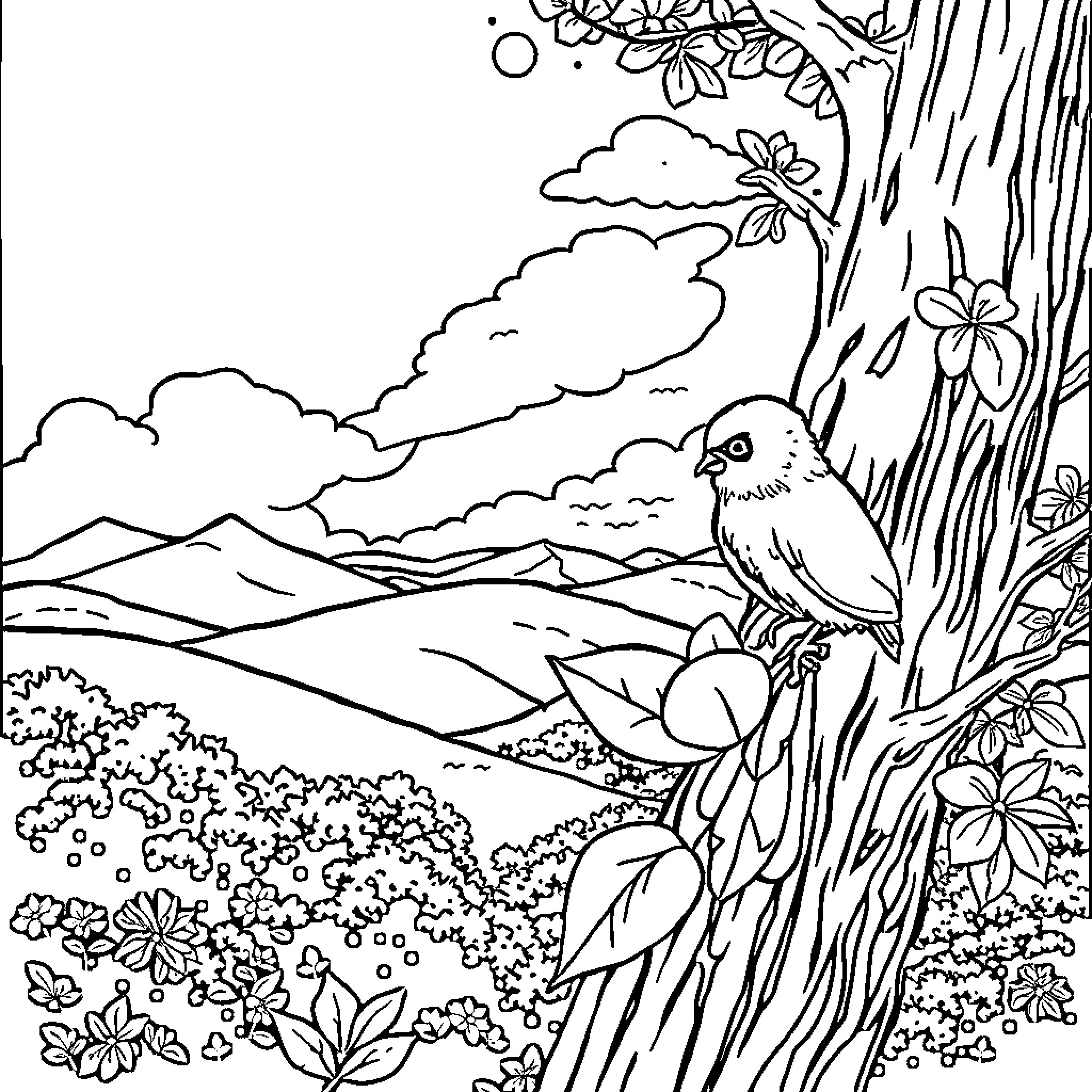 Nature scene with a bird perched on a tree Coloring Page (free black-and-white line drawing printable PDF for all, from beginners to advanced learners, including children, teens, adults, and seniors)