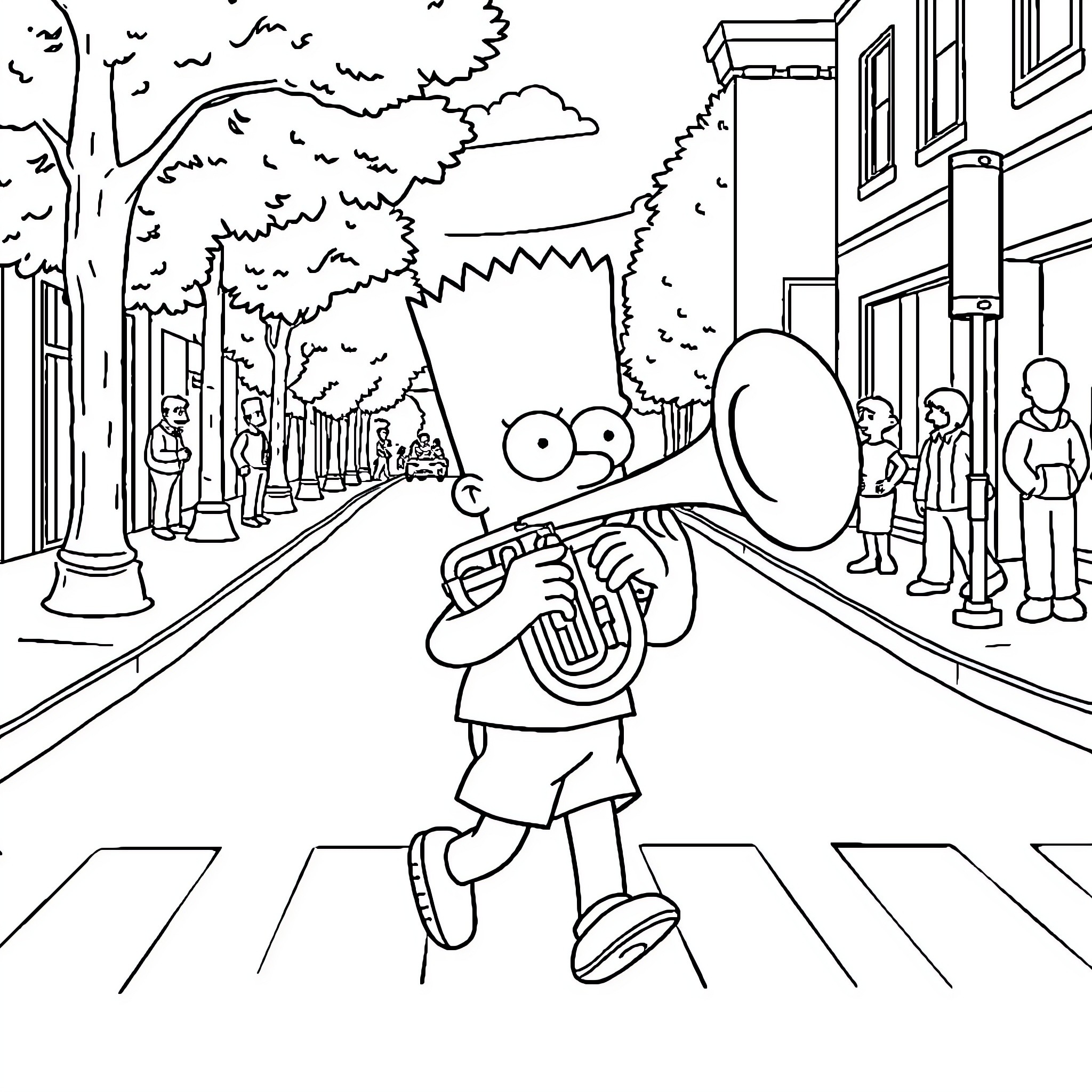 Bart Simpson playing with his tuba on a busy street Coloring Page (free black-and-white line drawing printable PDF for all, from beginners to advanced learners, including children, teens, adults, and seniors)
