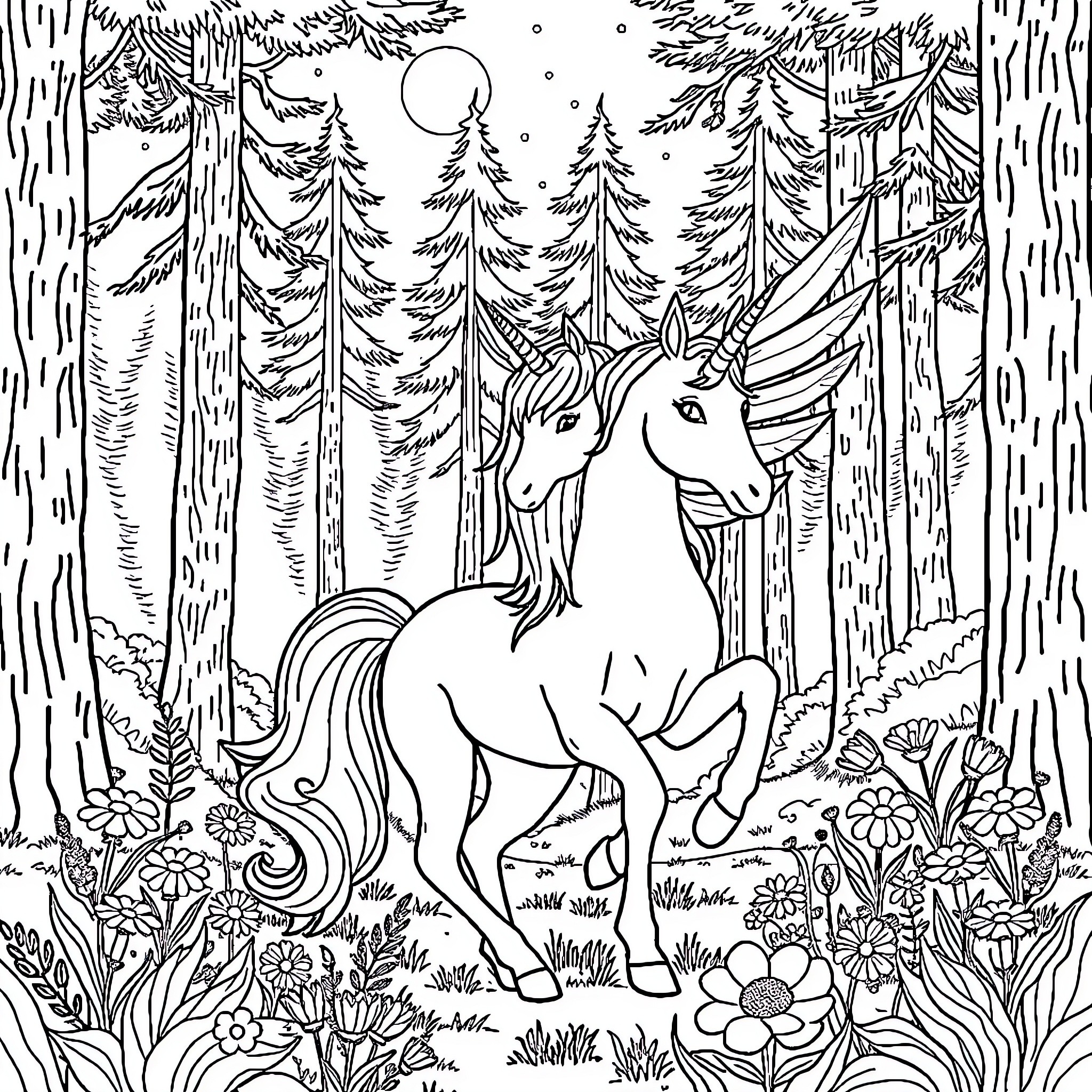 Unicorn exploring enchanted forest Coloring Page (free black-and-white line drawing printable PDF for all, from beginners to advanced learners, including children, teens, adults, and seniors)
