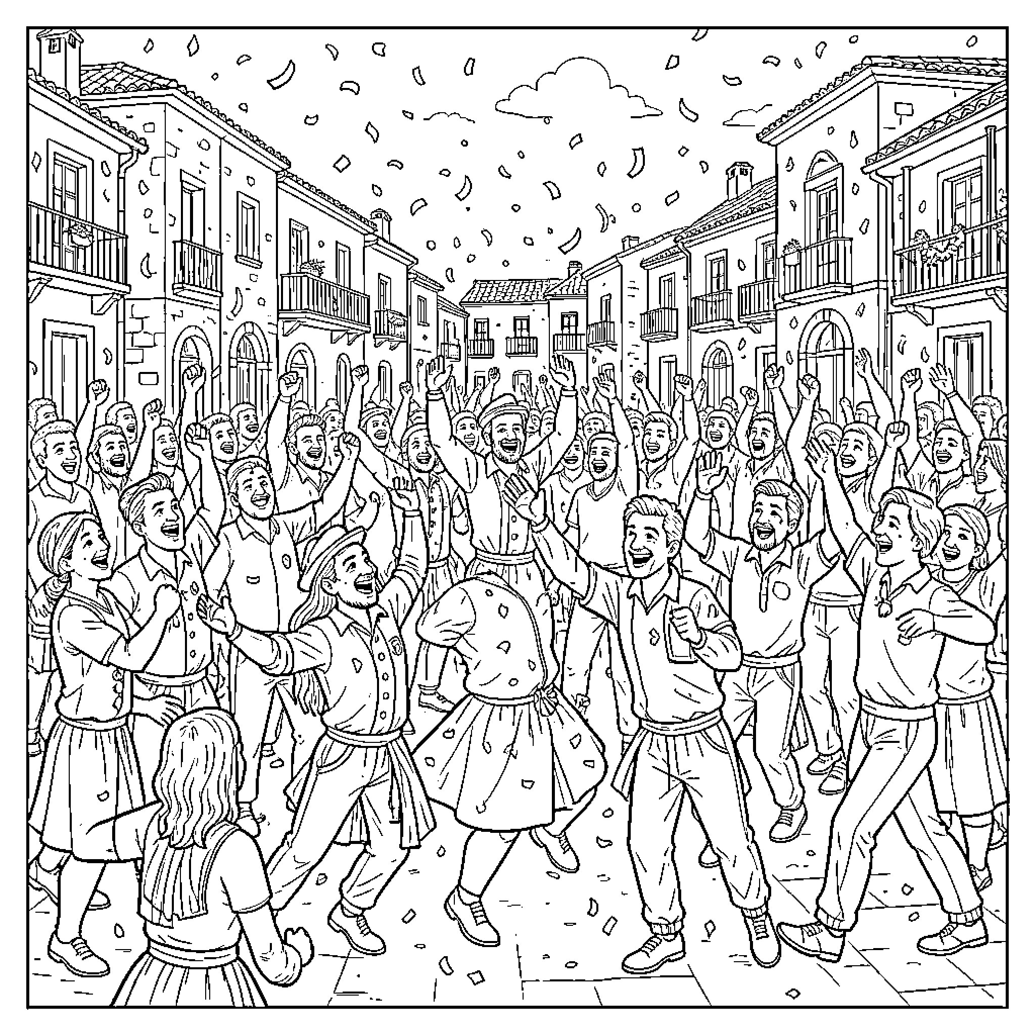 Correfoc celebrating with people cheering in a street Coloring Page (free black-and-white line drawing printable PDF for all, from beginners to advanced learners, including children, teens, adults, and seniors)