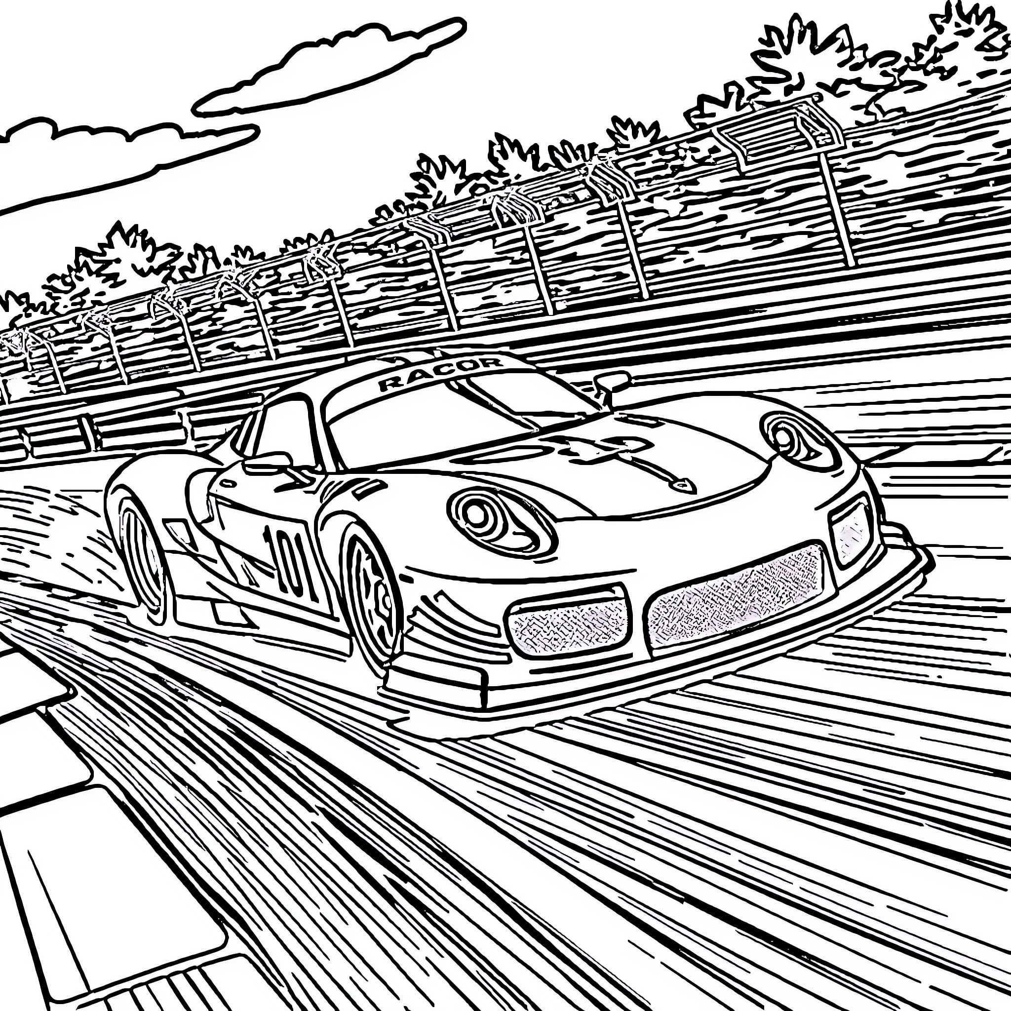 Race Car speeding on the racetrack Coloring Page (free black-and-white line drawing printable PDF for all, from beginners to advanced learners, including children, teens, adults, and seniors)