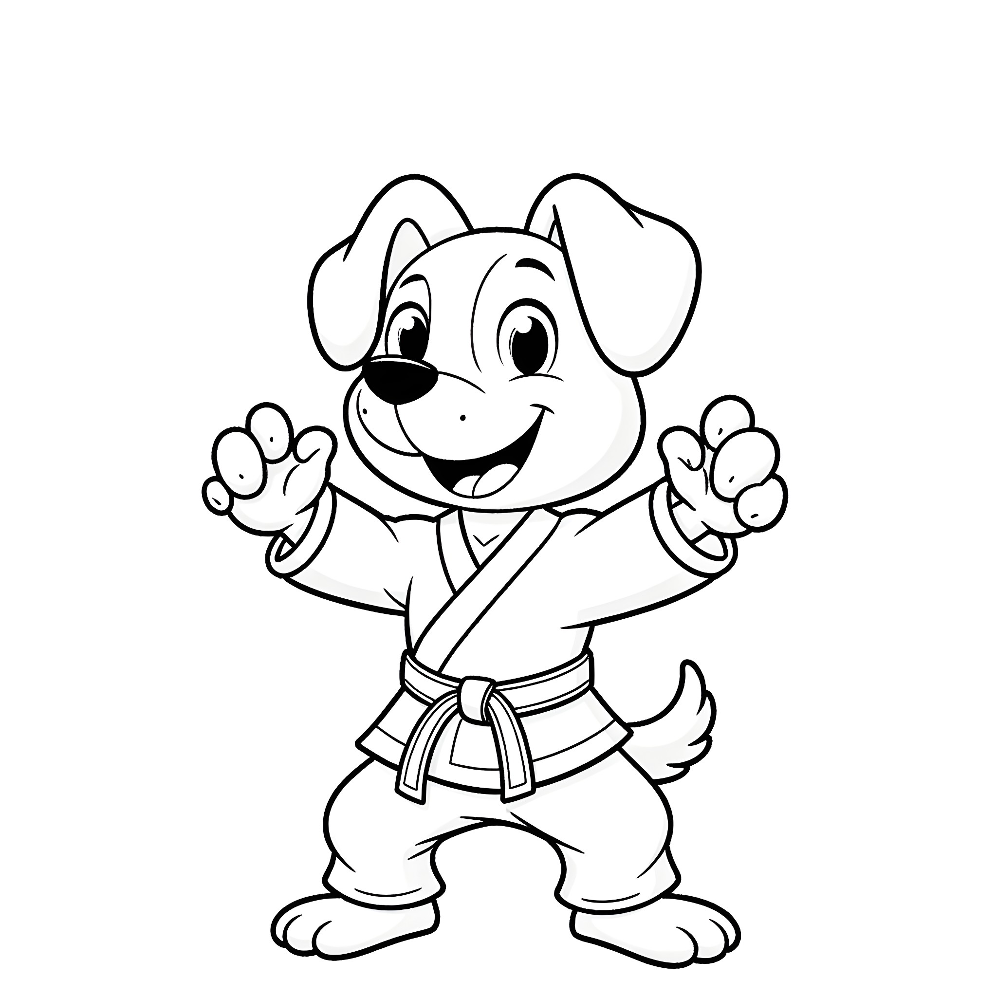 Bingo the Happy Puppy in Karate Outfit Coloring Page (free black-and-white line drawing printable PDF for all, from beginners to advanced learners, including children, teens, adults, and seniors)