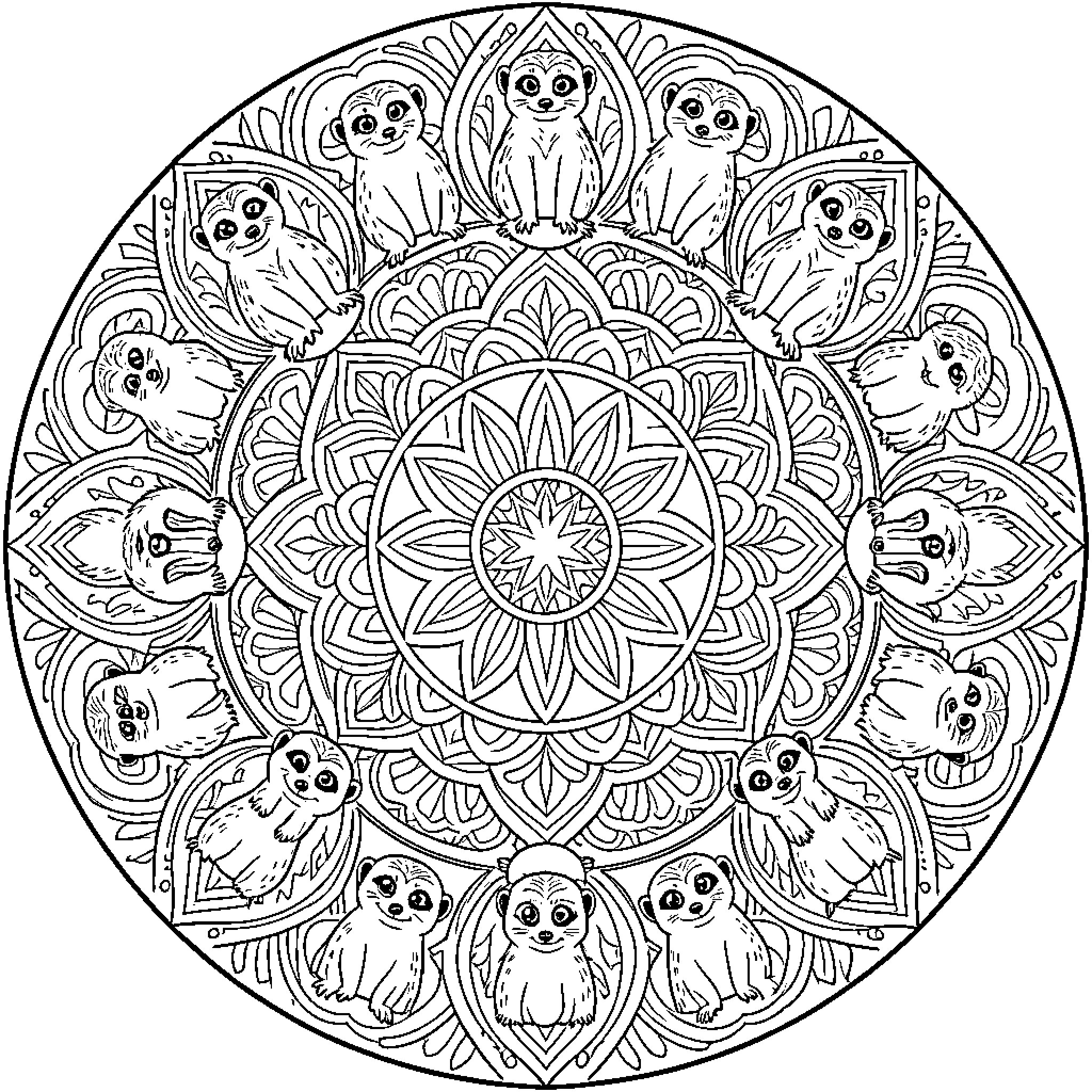 Meerkat Mandalas: A Playful Floral Design Coloring Page (free black-and-white line drawing printable PDF for all, from beginners to advanced learners, including children, teens, adults, and seniors)