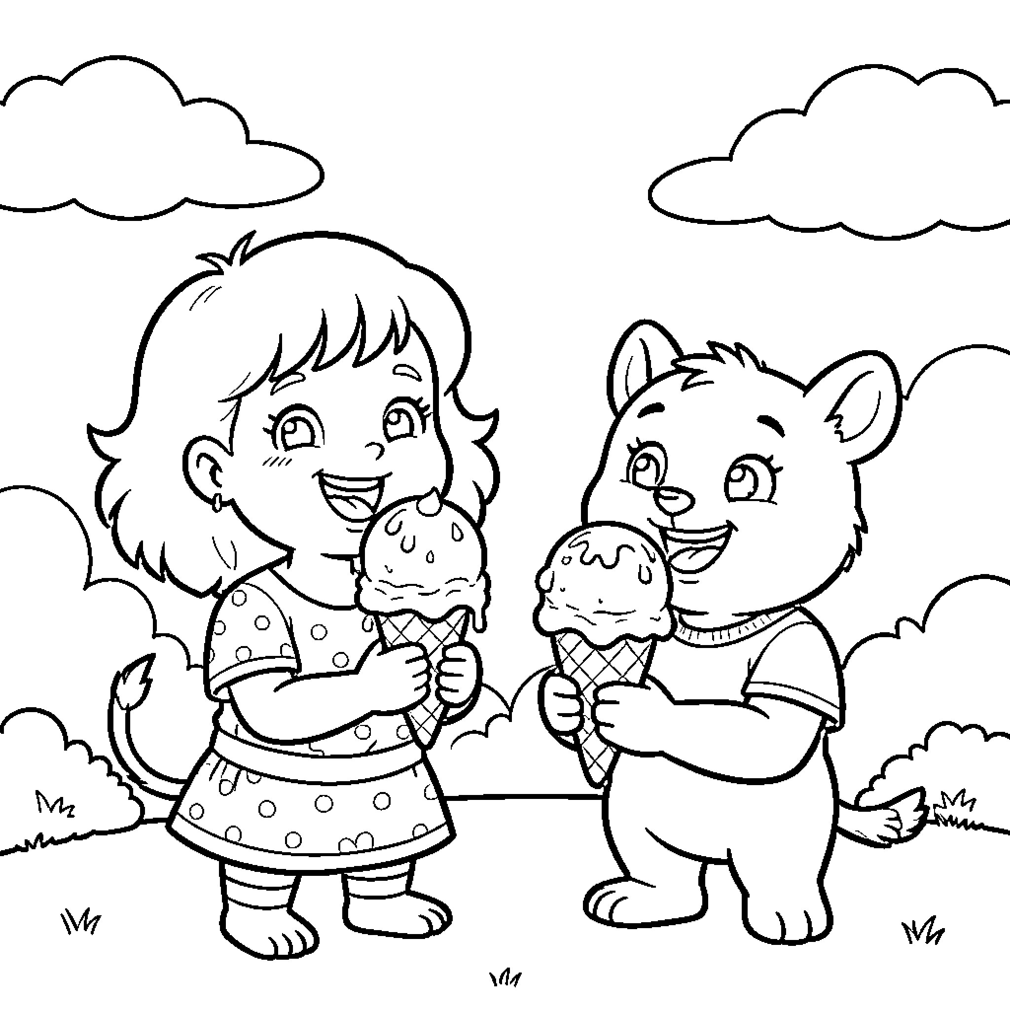 Dora smiling while enjoying ice cream with a bear Coloring Page (free black-and-white line drawing printable PDF for all, from beginners to advanced learners, including children, teens, adults, and seniors)