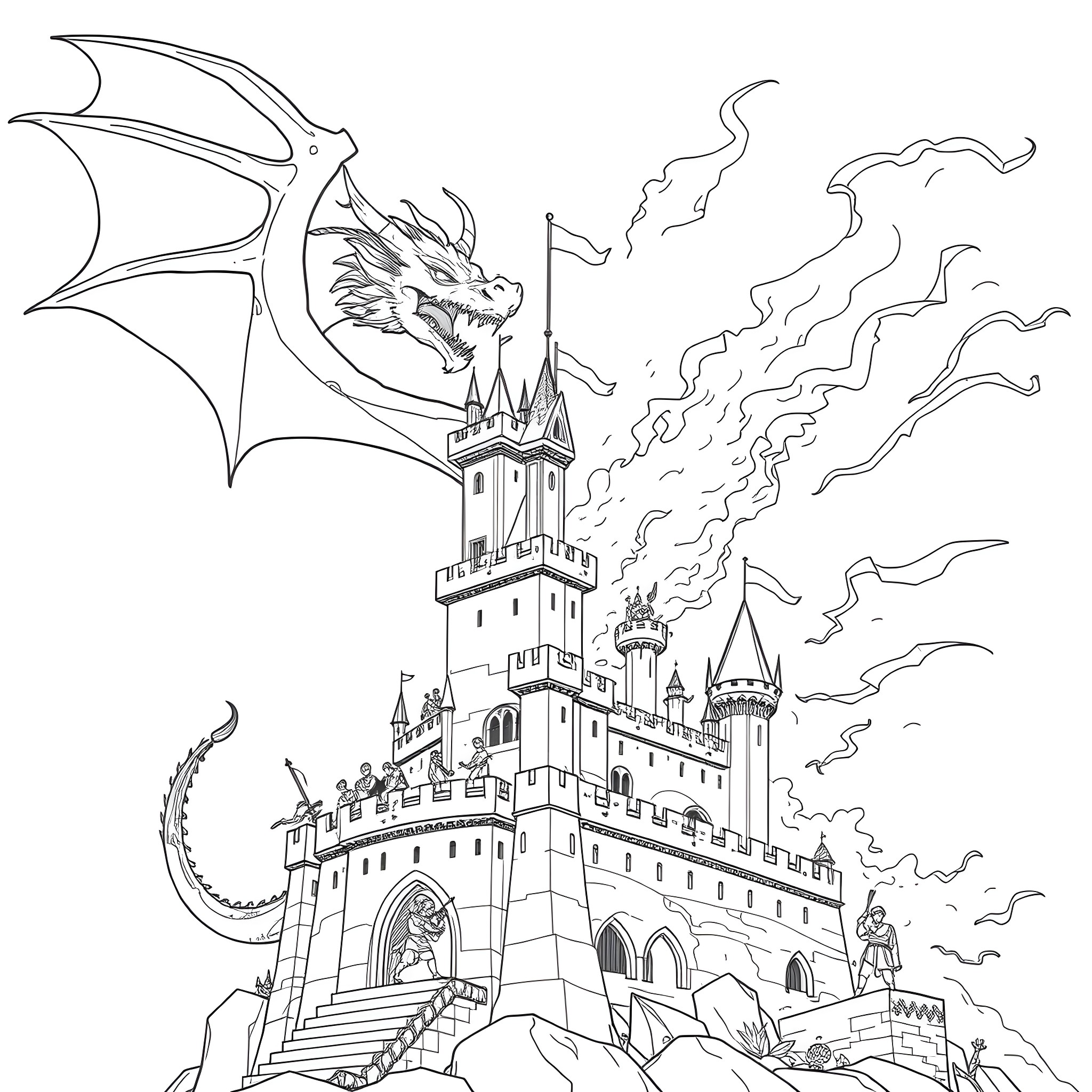 Dragon Defending a Majestic Castle from Harm Coloring Page (free black-and-white line drawing printable PDF for all, from beginners to advanced learners, including children, teens, adults, and seniors)