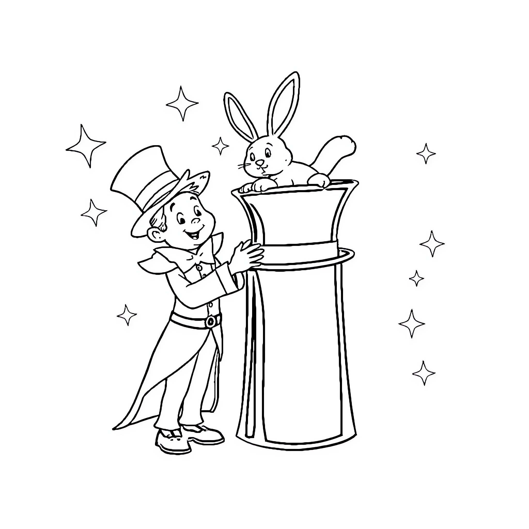 Magician performing tricks with rabbit in hat Coloring Page (free black-and-white line drawing printable PDF for all, from beginners to advanced learners, including children, teens, adults, and seniors)