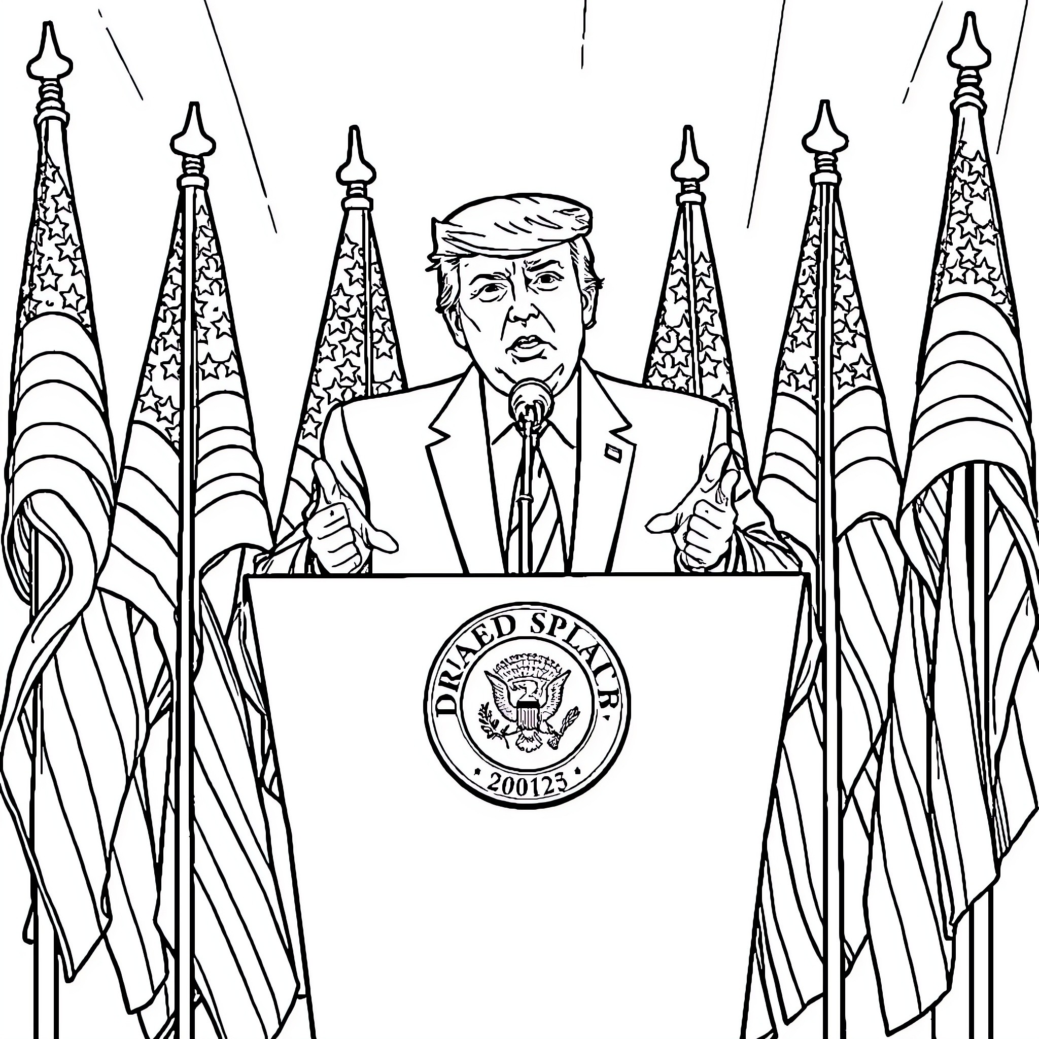 Donald Trump Giving a Passionate Speech at the Podium Coloring Page (free black-and-white line drawing printable PDF for all, from beginners to advanced learners, including children, teens, adults, and seniors)