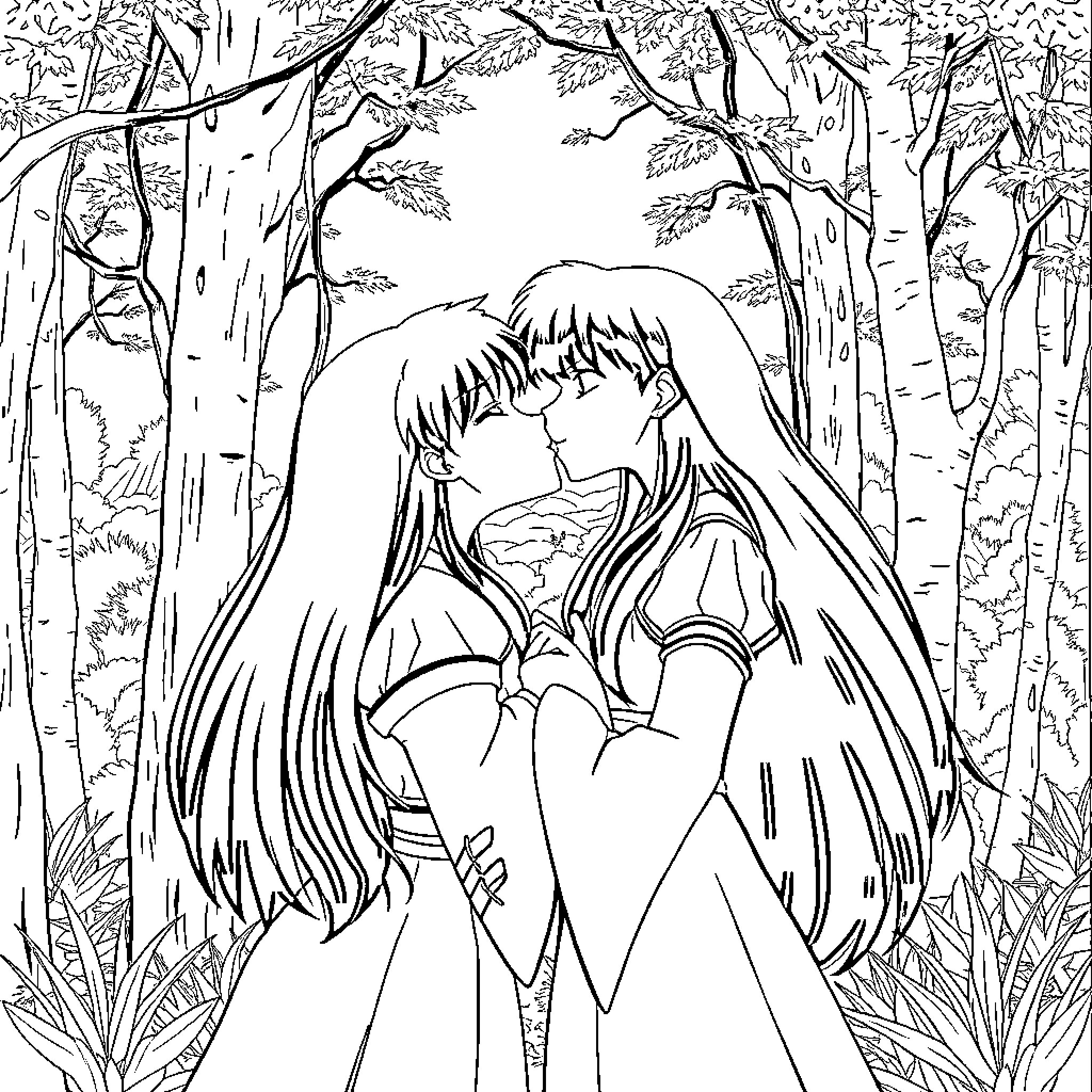 Inuyasha and Kagome in a romantic forest embrace Coloring Page (free black-and-white line drawing printable PDF for all, from beginners to advanced learners, including children, teens, adults, and seniors)
