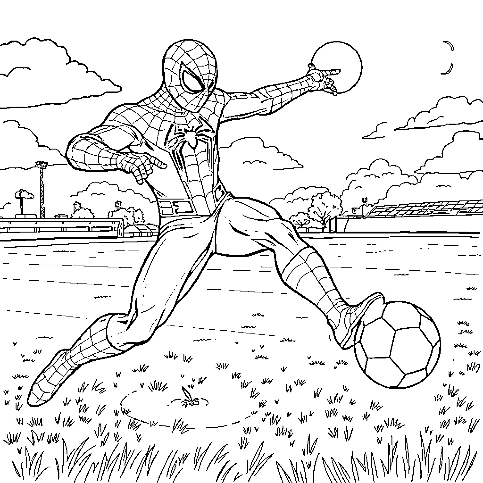 Spiderman playing soccer in the park Coloring Page (free black-and-white line drawing printable PDF for all, from beginners to advanced learners, including children, teens, adults, and seniors)