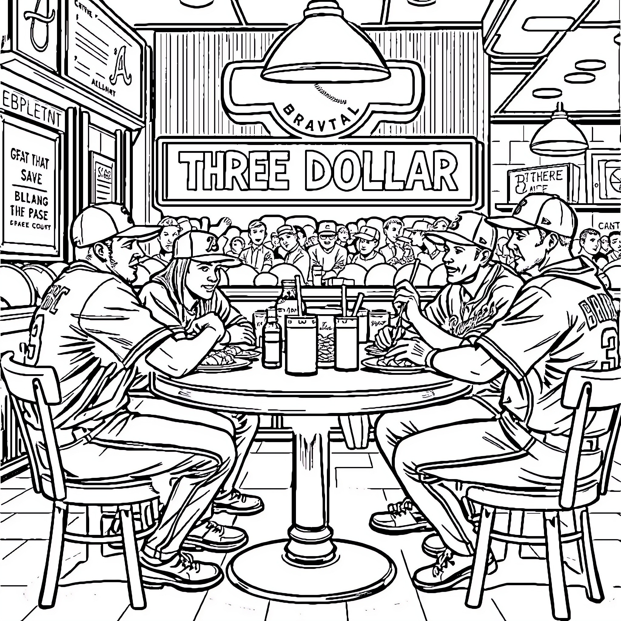 Atlanta Braves Fans Enjoying a Meal at the Three Dollar Diner Coloring Page (free black-and-white line drawing printable PDF for all, from beginners to advanced learners, including children, teens, adults, and seniors)