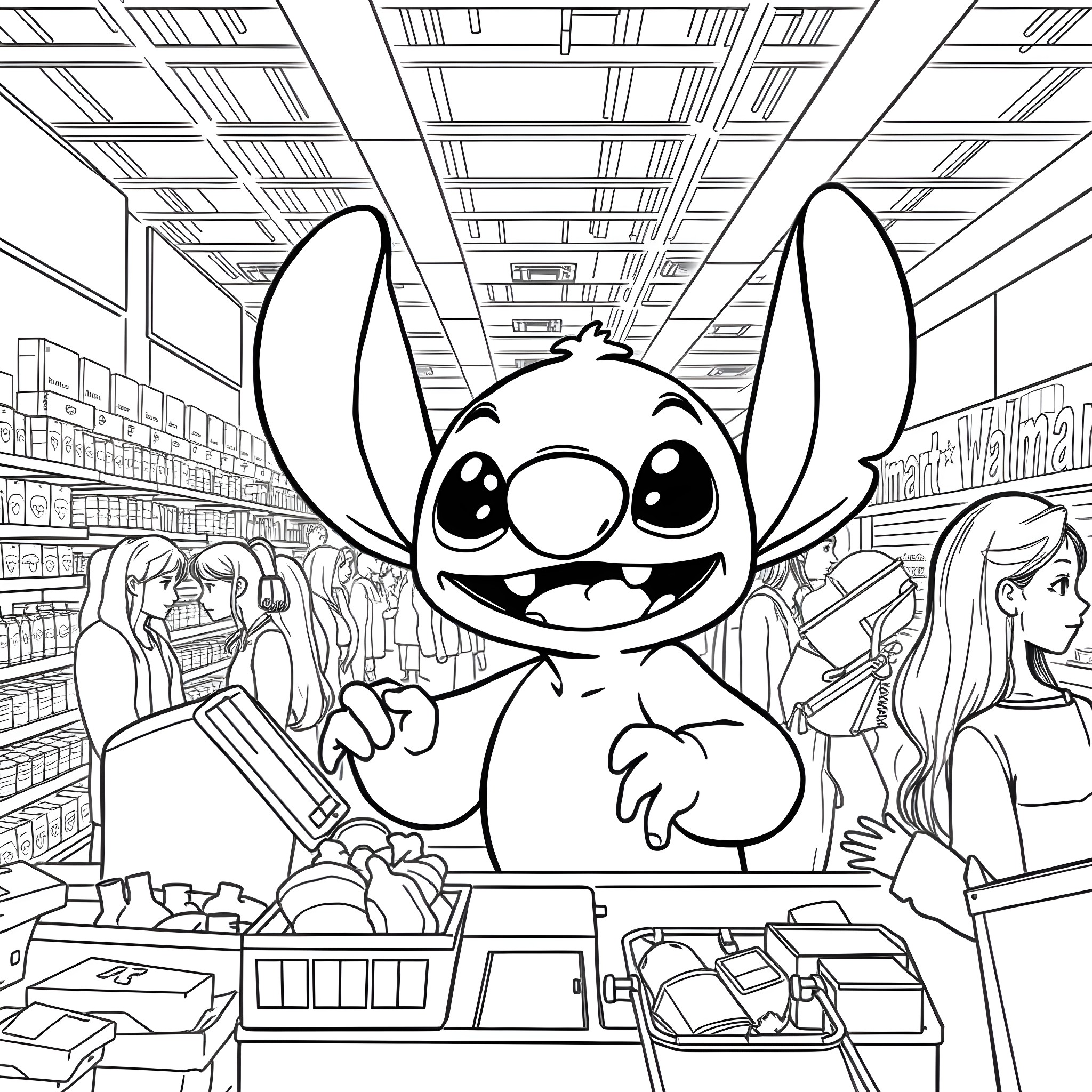 Stitch exploring a supermarket Coloring Page (free black-and-white line drawing printable PDF for all, from beginners to advanced learners, including children, teens, adults, and seniors)