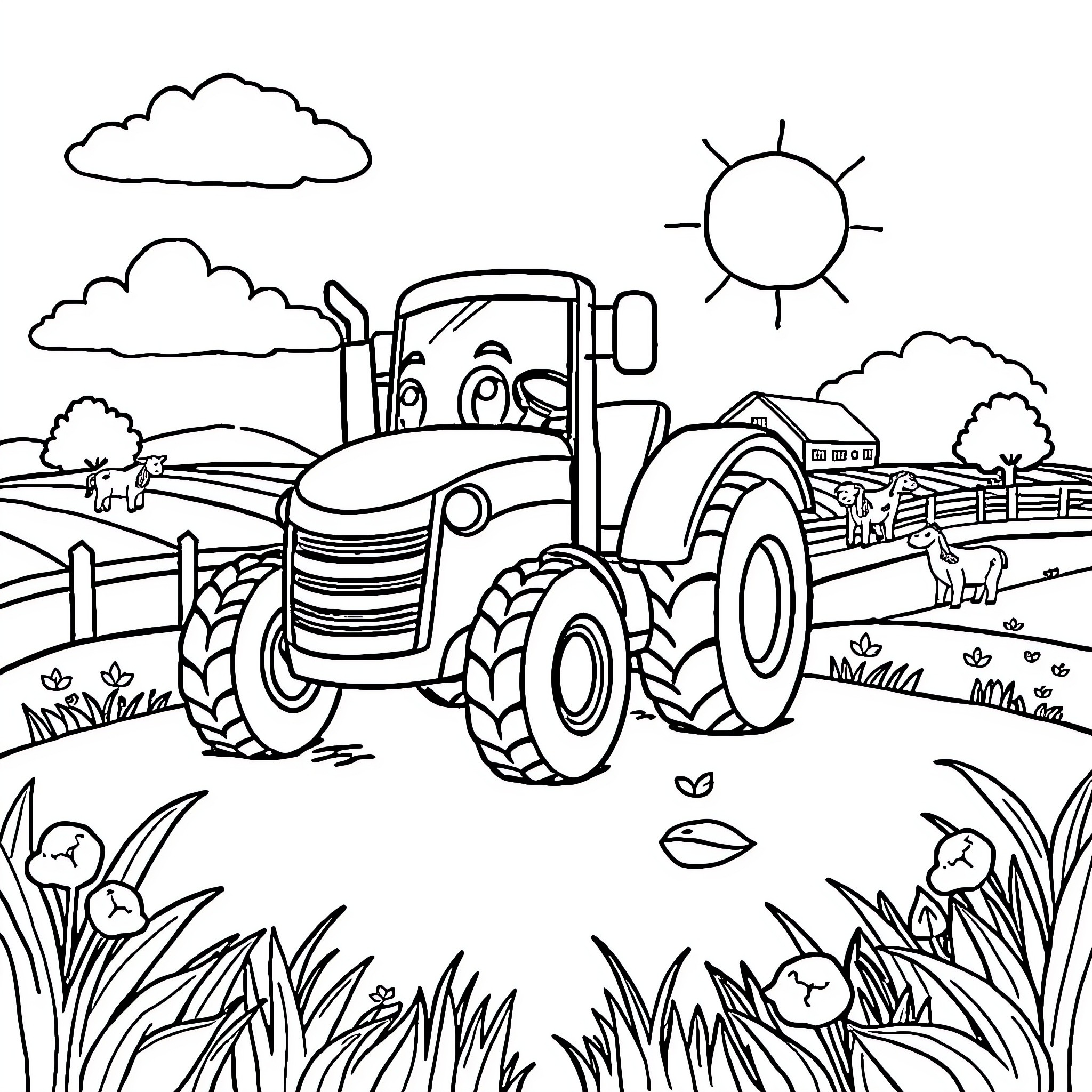 Tractor working on the farm landscape Coloring Page (free black-and-white line drawing printable PDF for all, from beginners to advanced learners, including children, teens, adults, and seniors)