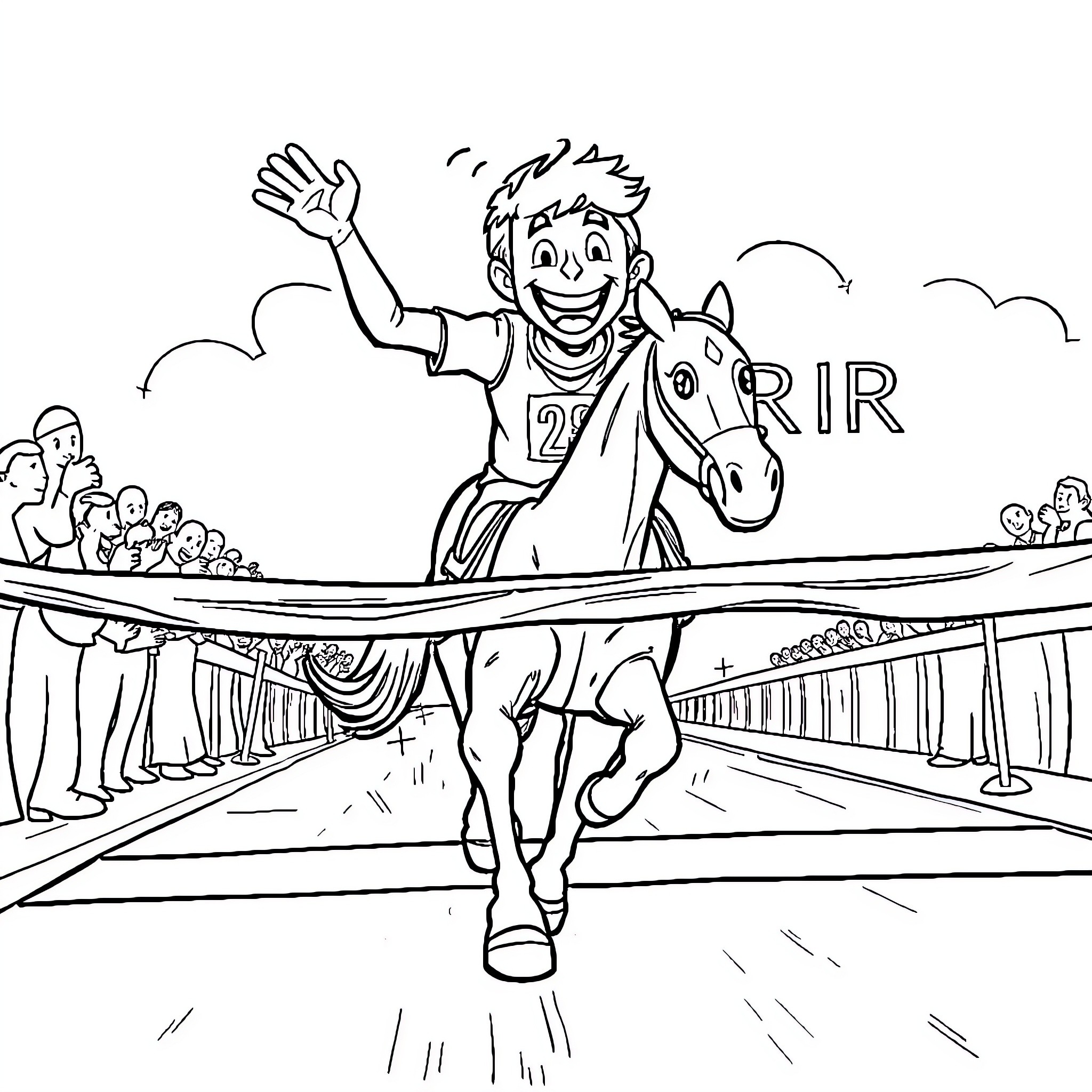 Landon Norris Celebrating Victory at Horse Race Coloring Page (free black-and-white line drawing printable PDF for all, from beginners to advanced learners, including children, teens, adults, and seniors)