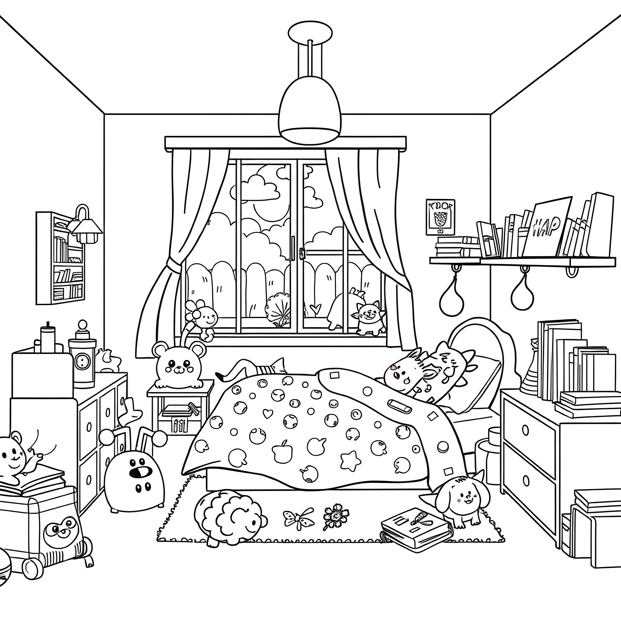 Kid's cozy and playful bedroom space Coloring Page (free black-and-white line drawing printable PDF for all, from beginners to advanced learners, including children, teens, adults, and seniors)