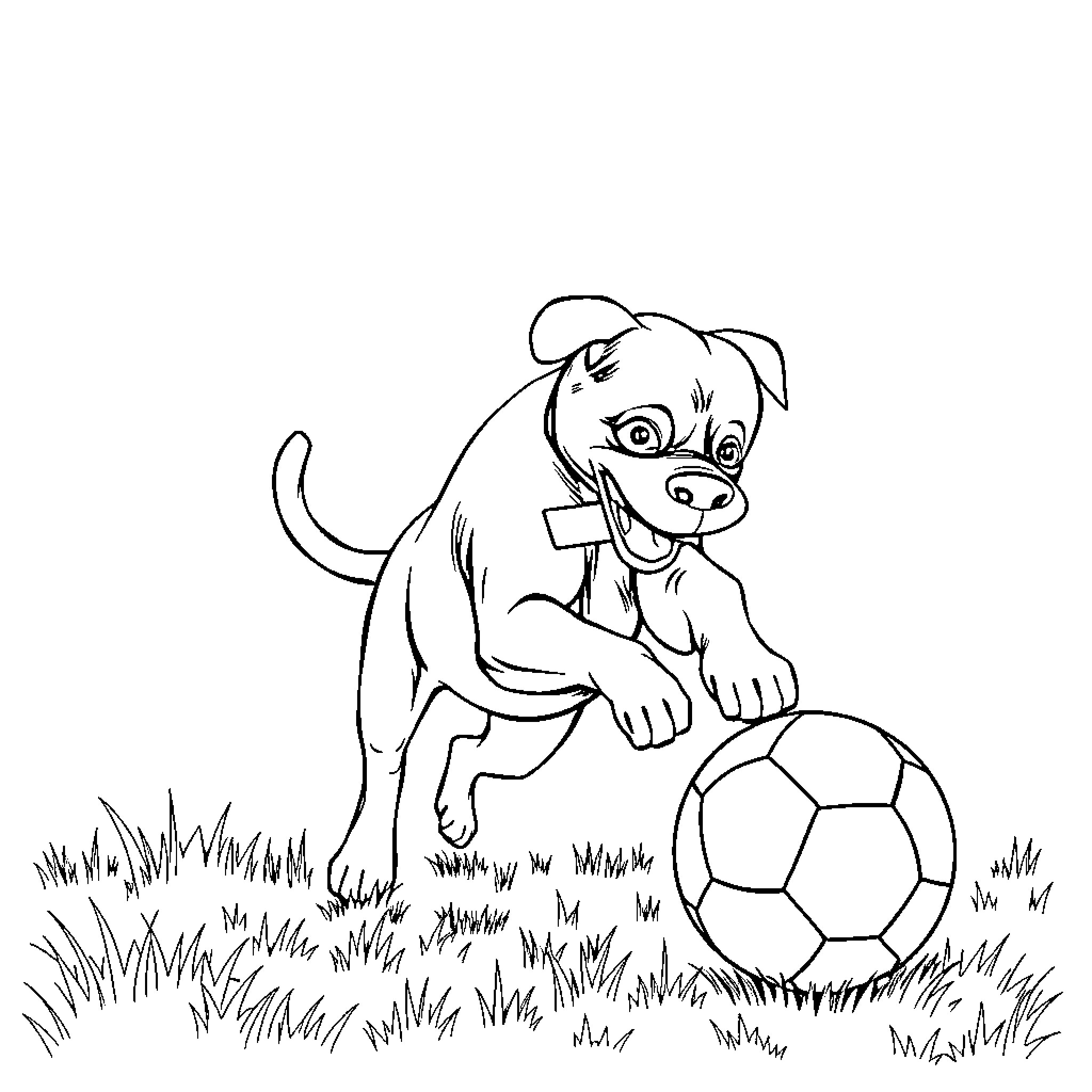 Rottweiler Puppy Playing with Soccer Ball in Grass Coloring Page (free black-and-white line drawing printable PDF for all, from beginners to advanced learners, including children, teens, adults, and seniors)