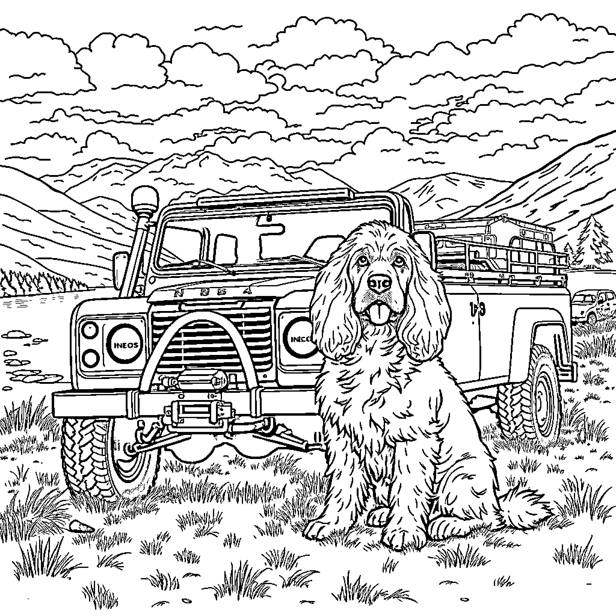 Cocker Spaniel enjoying outdoor adventure with off-road vehicle Coloring Page (free black-and-white line drawing printable PDF for all, from beginners to advanced learners, including children, teens, adults, and seniors)