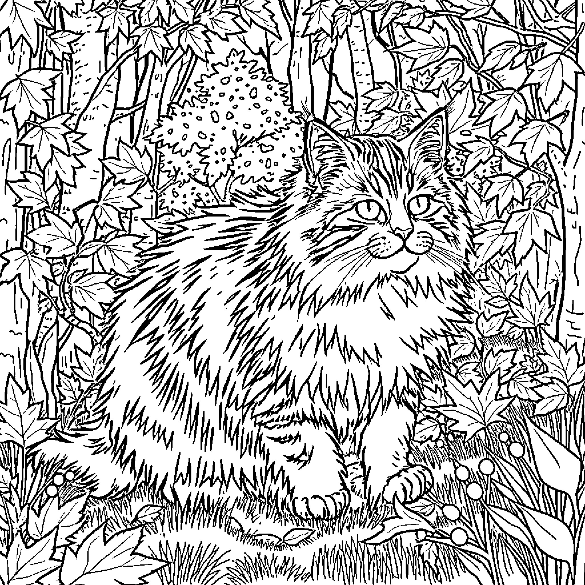 Maine Coon Cat Exploring Lush Forest Undergrowth Coloring Page (free black-and-white line drawing printable PDF for all, from beginners to advanced learners, including children, teens, adults, and seniors)