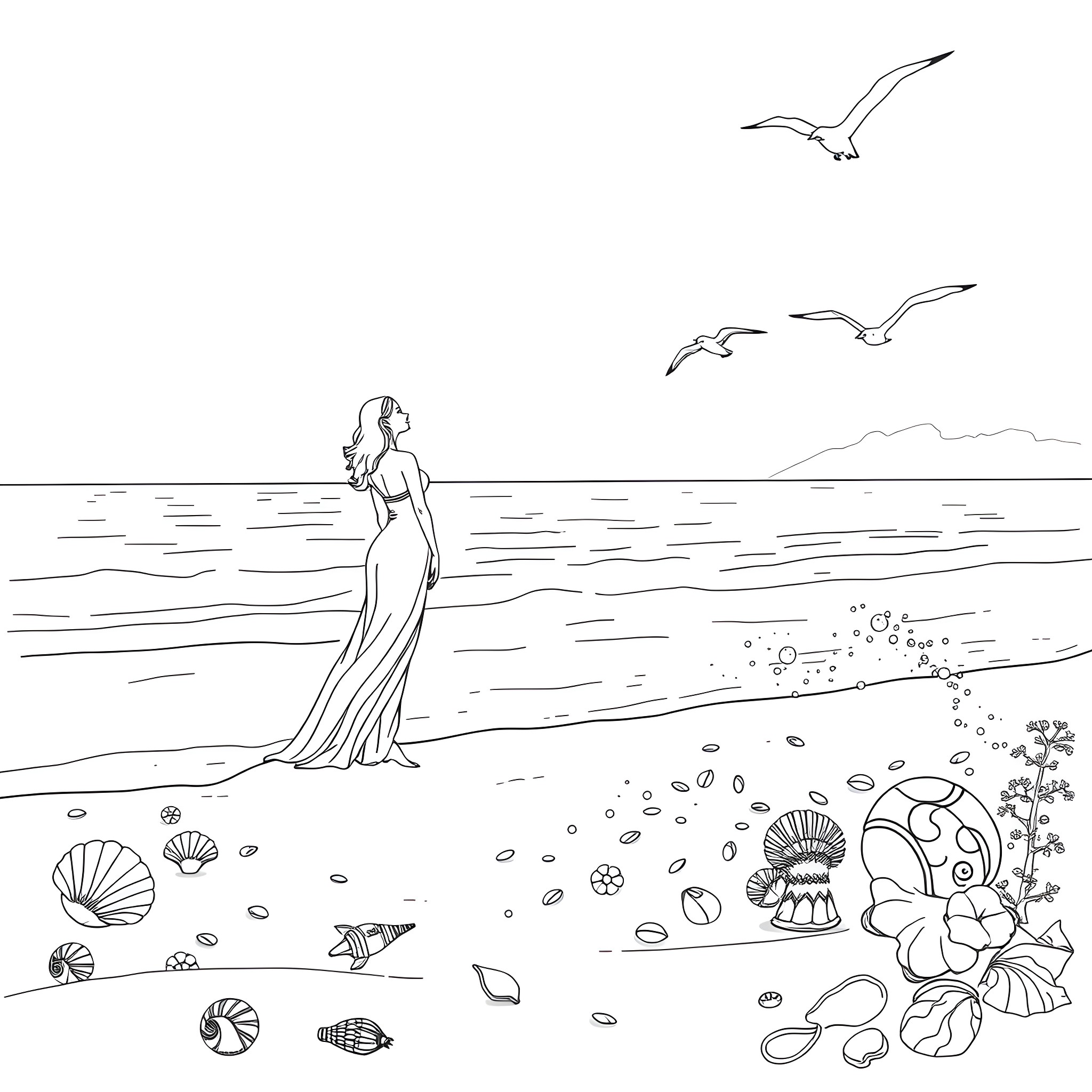 Lady walking along the beach with seagulls Coloring Page (free black-and-white line drawing printable PDF for all, from beginners to advanced learners, including children, teens, adults, and seniors)