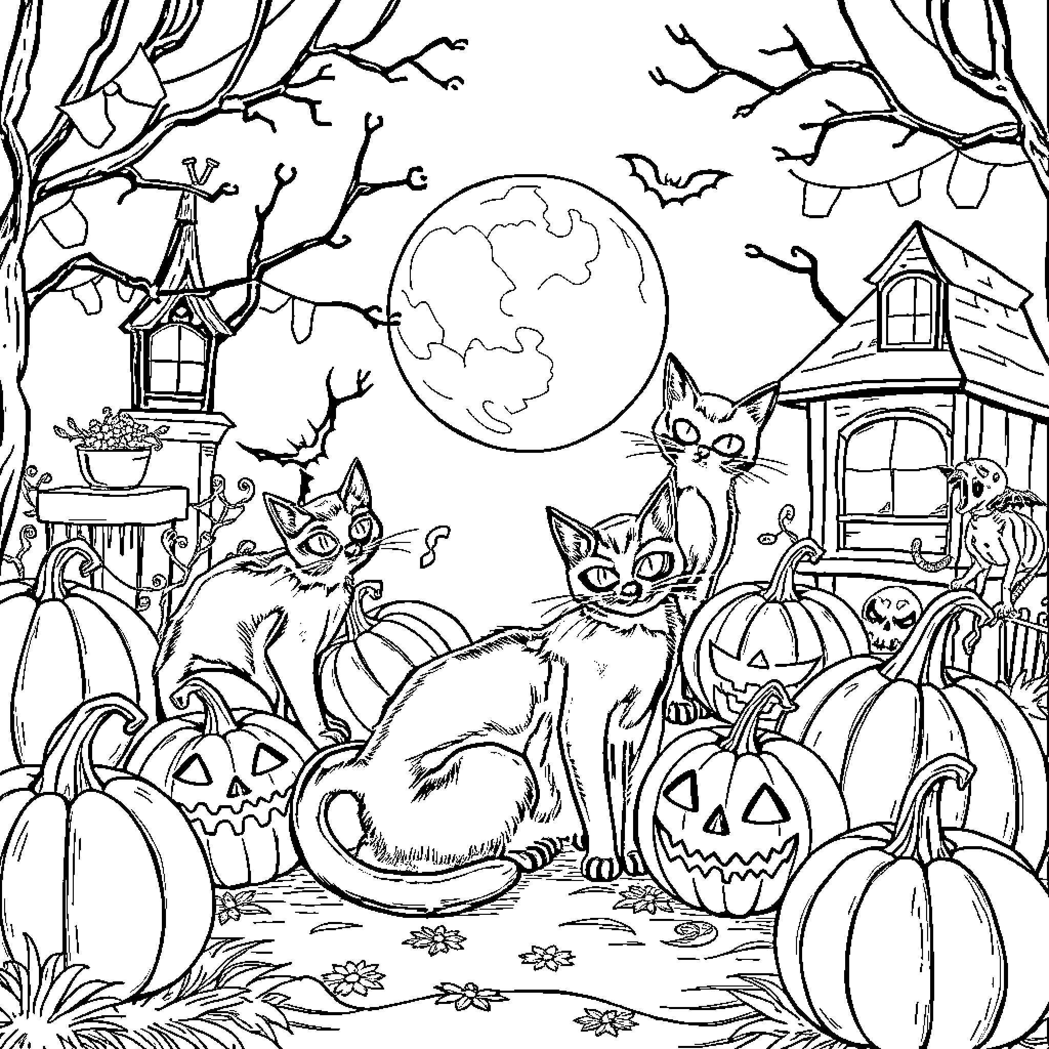 Cat Trick-or-Treating in Spooky Night Landscape Coloring Page (free black-and-white line drawing printable PDF for all, from beginners to advanced learners, including children, teens, adults, and seniors)