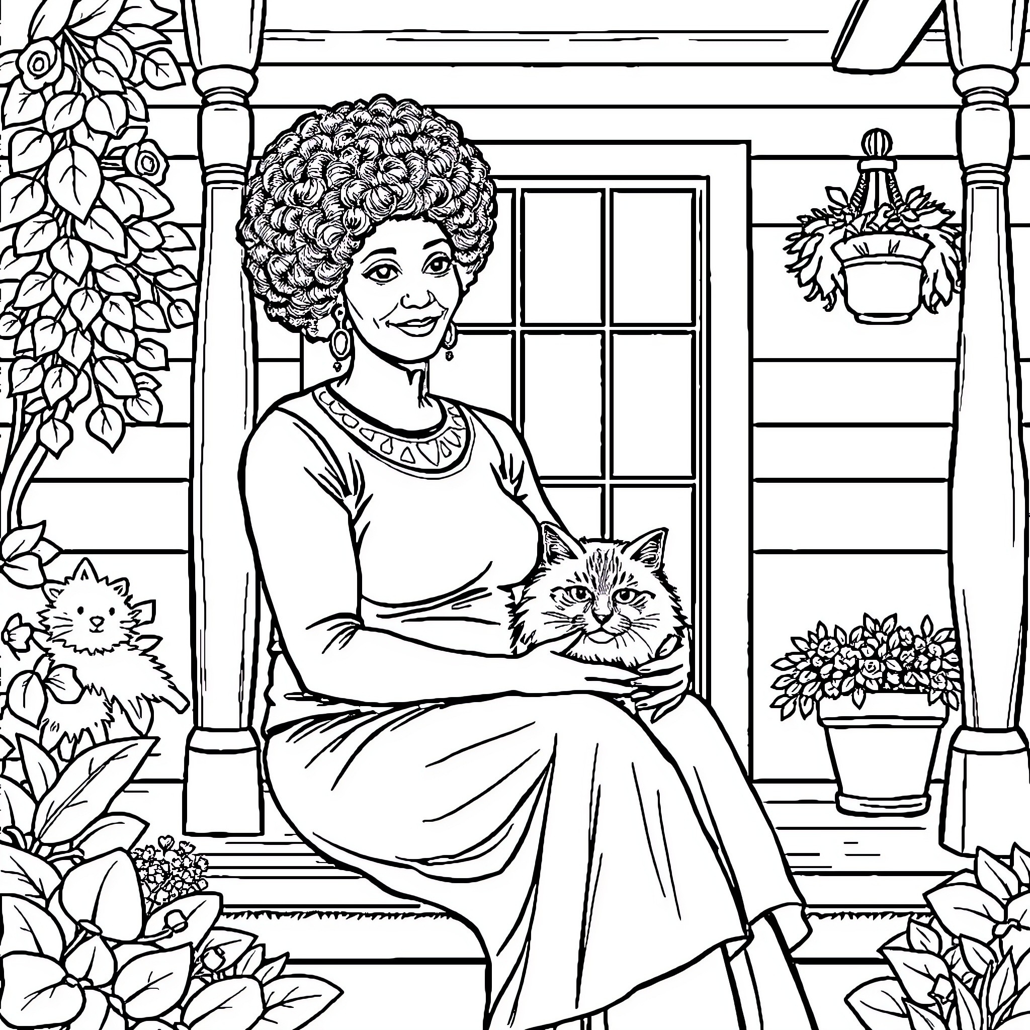 Woman sitting on porch with pet cat Coloring Page (free black-and-white line drawing printable PDF for all, from beginners to advanced learners, including children, teens, adults, and seniors)