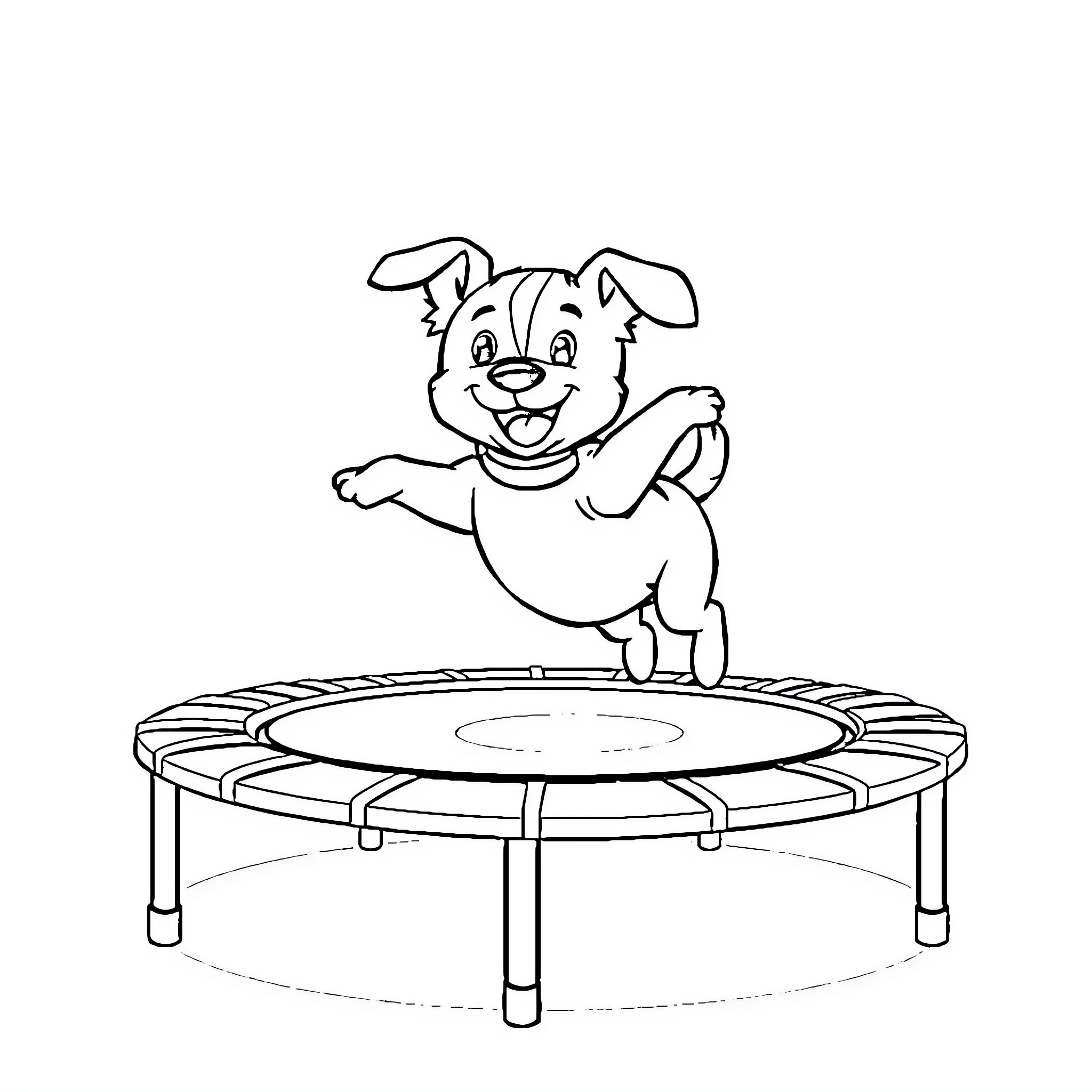 Dog jumping happily on trampoline Coloring Page (free black-and-white line drawing printable PDF for all, from beginners to advanced learners, including children, teens, adults, and seniors)