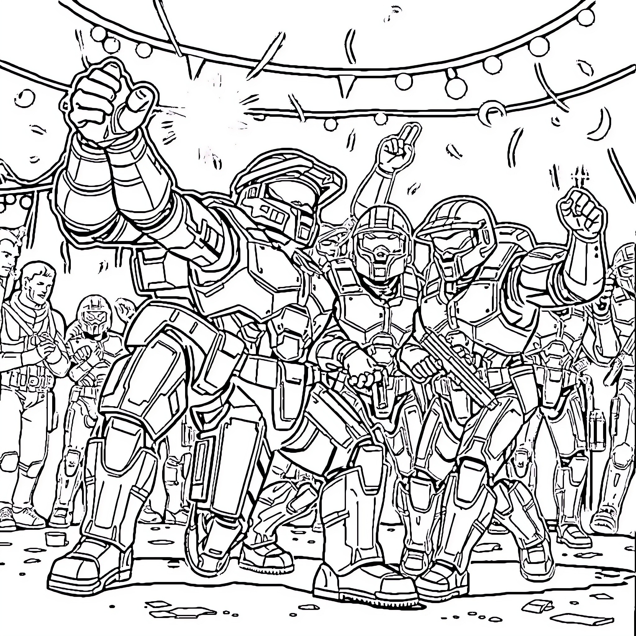 Master Chief Leading an Armored Squad into Battle Coloring Page (free black-and-white line drawing printable PDF for all, from beginners to advanced learners, including children, teens, adults, and seniors)