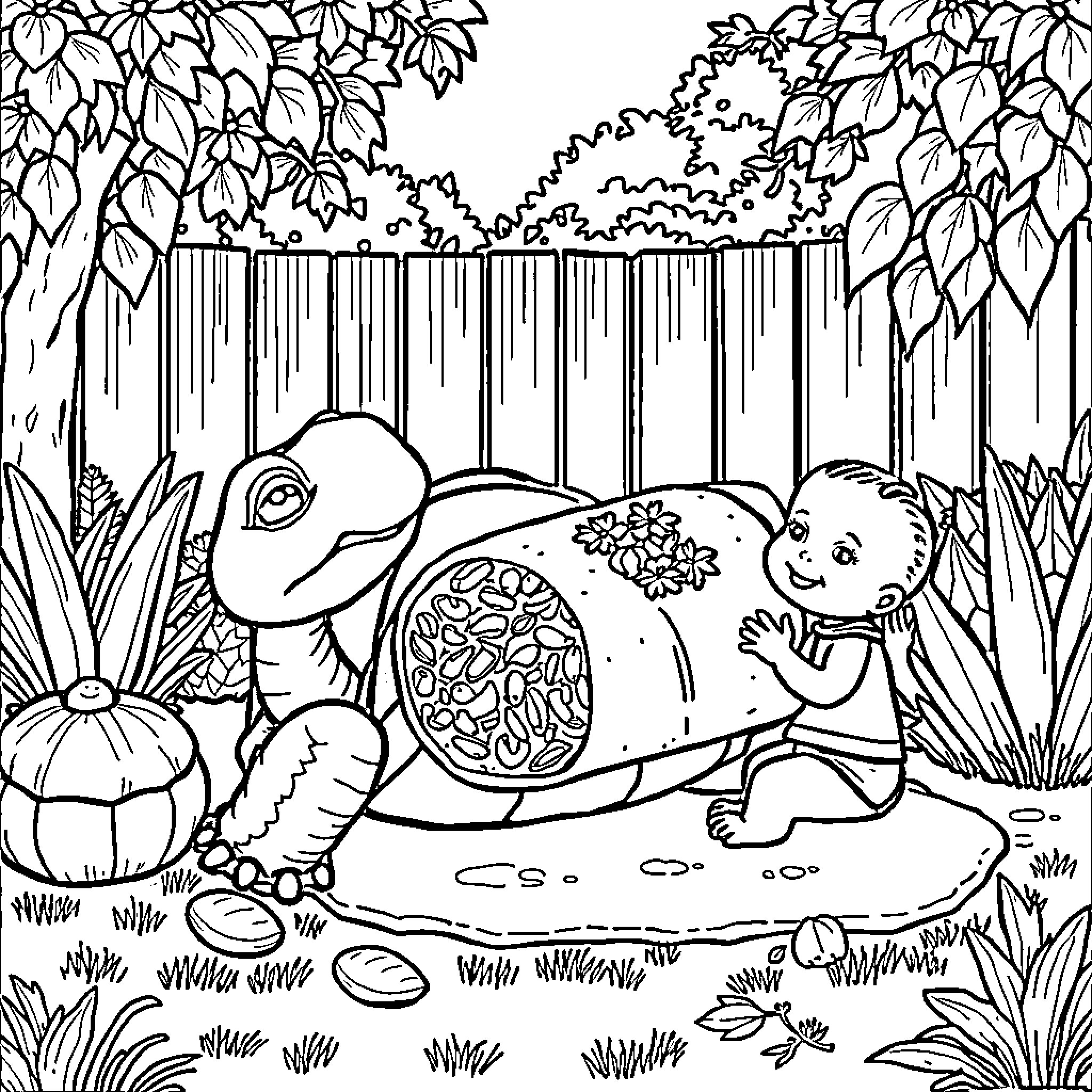Turtle taking a walk in the forest Coloring Page (free black-and-white line drawing printable PDF for all, from beginners to advanced learners, including children, teens, adults, and seniors)