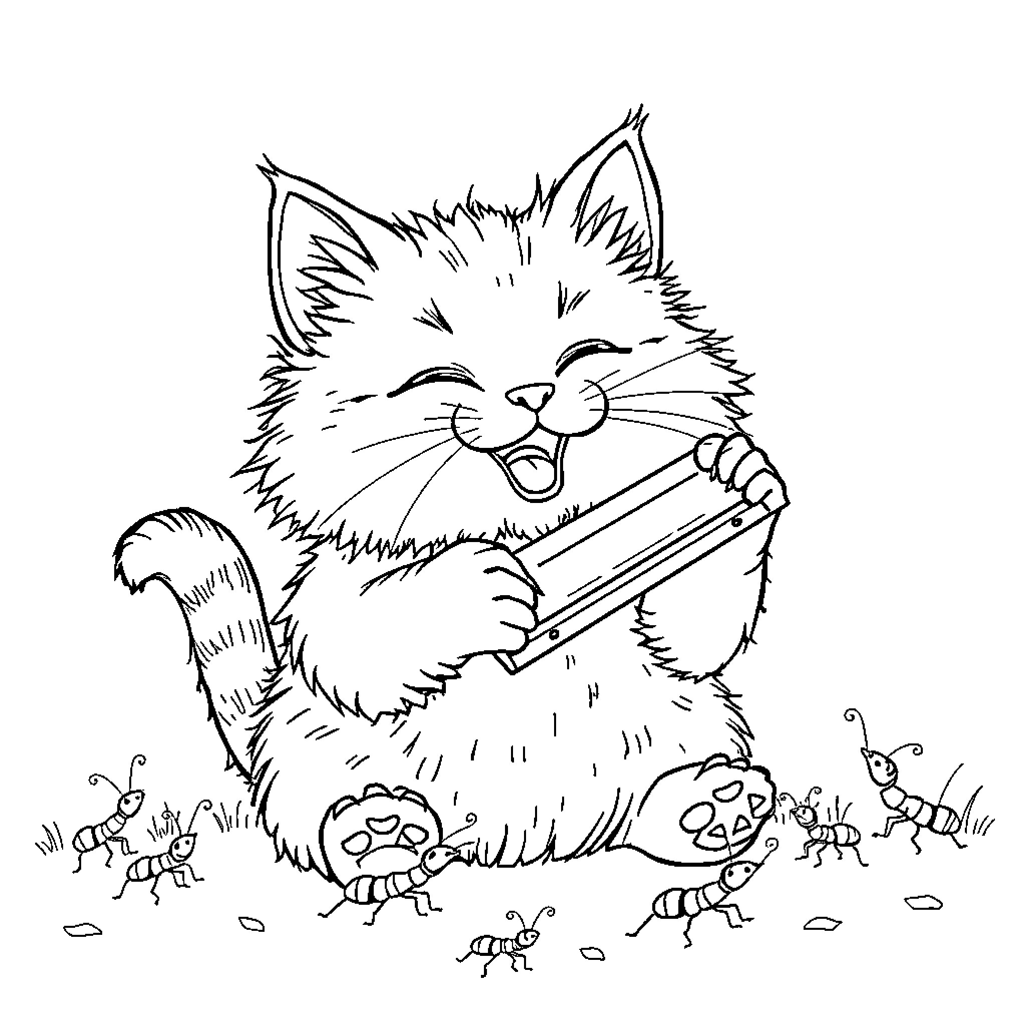 Cat coloring with crayons in the garden Coloring Page (free black-and-white line drawing printable PDF for all, from beginners to advanced learners, including children, teens, adults, and seniors)