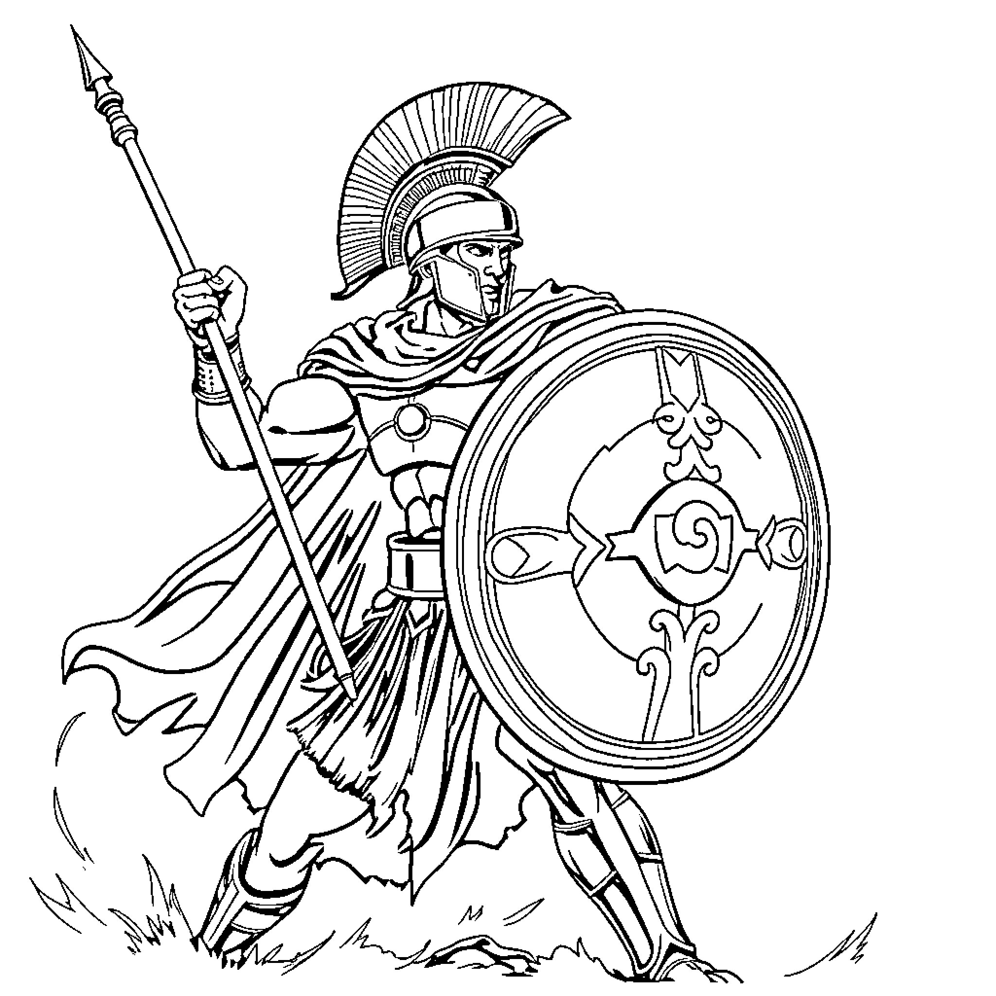 Spartan warrior in battle stance with spear and shield Coloring Page (free black-and-white line drawing printable PDF for all, from beginners to advanced learners, including children, teens, adults, and seniors)