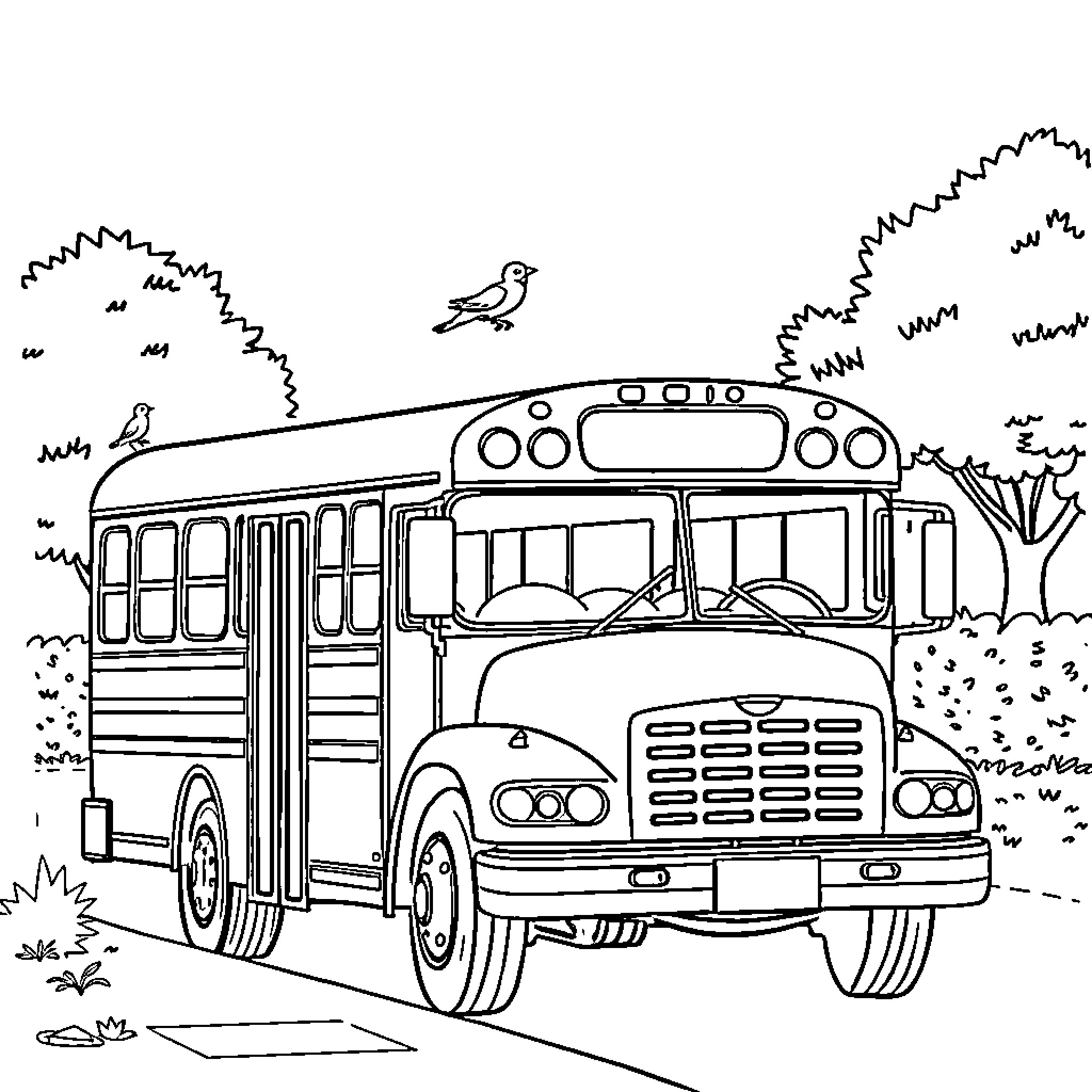 Bus transporting passengers on a scenic route Coloring Page (free black-and-white line drawing printable PDF for all, from beginners to advanced learners, including children, teens, adults, and seniors)