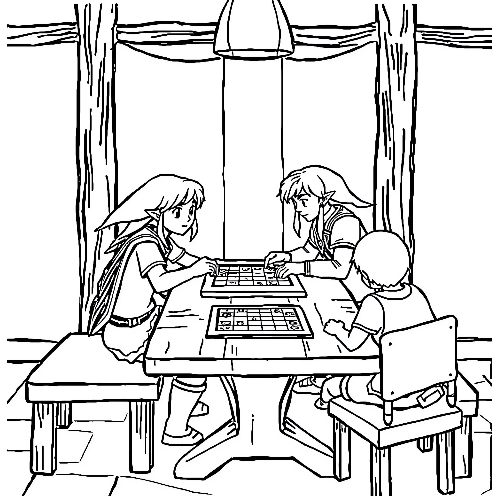 Link's Friends Playing Strategy Game Together Coloring Page (free black-and-white line drawing printable PDF for all, from beginners to advanced learners, including children, teens, adults, and seniors)