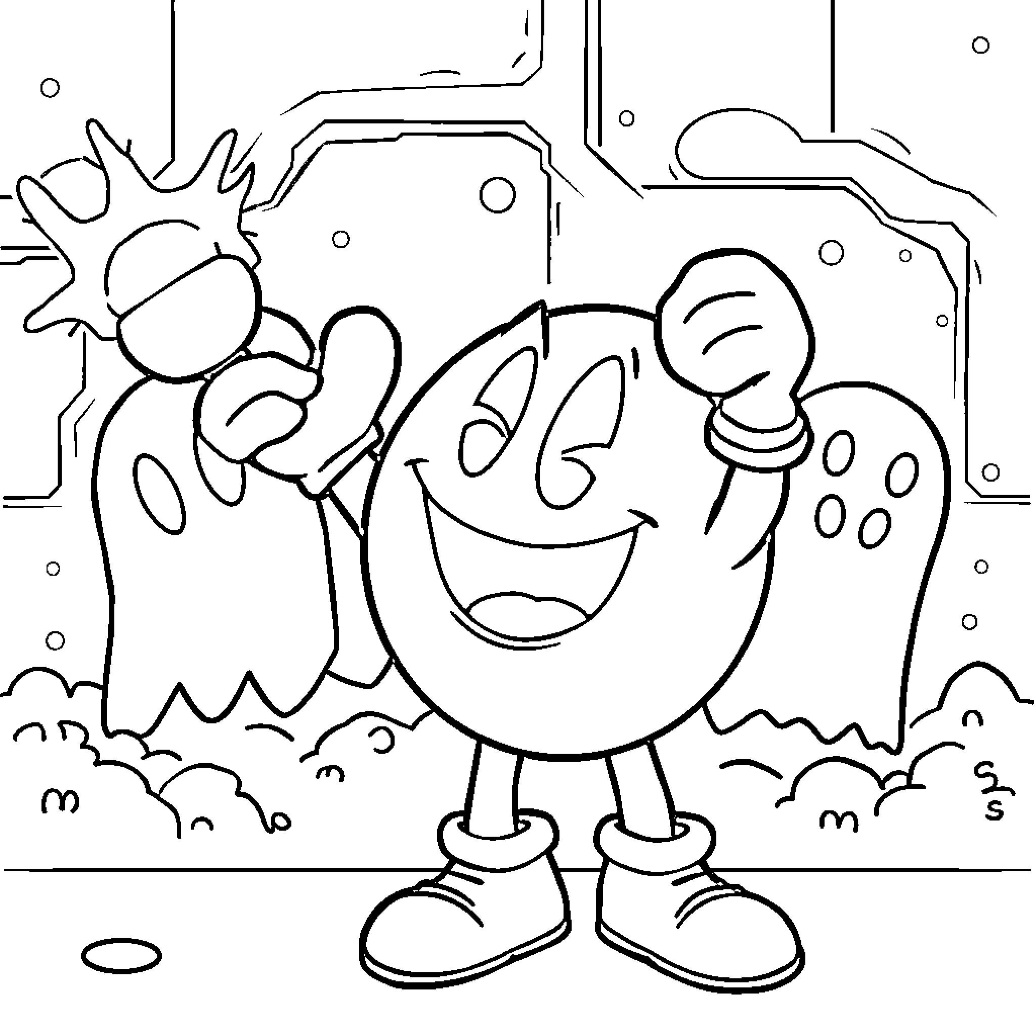 Pac-Man having fun in the outdoors Coloring Page (free black-and-white line drawing printable PDF for all, from beginners to advanced learners, including children, teens, adults, and seniors)