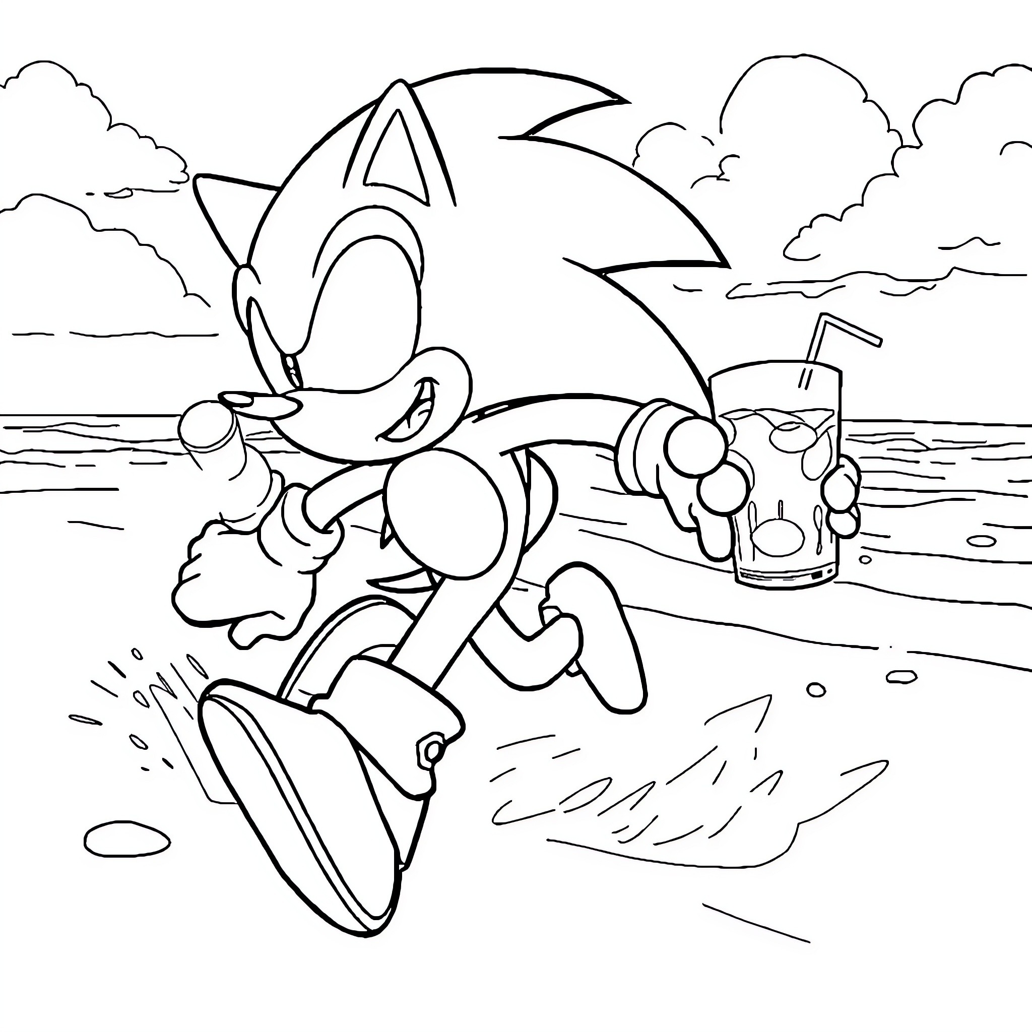 Sonic enjoying a refreshing drink on the beach Coloring Page (free black-and-white line drawing printable PDF for all, from beginners to advanced learners, including children, teens, adults, and seniors)