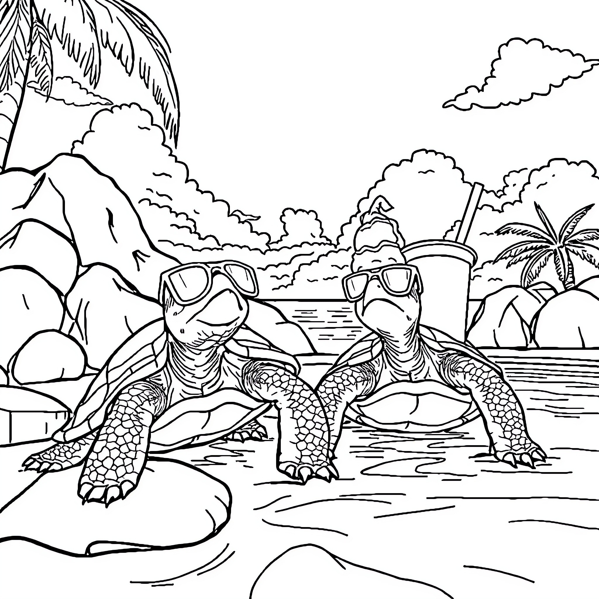 Tortuga turtles relaxing on tropical beach Coloring Page (free black-and-white line drawing printable PDF for all, from beginners to advanced learners, including children, teens, adults, and seniors)