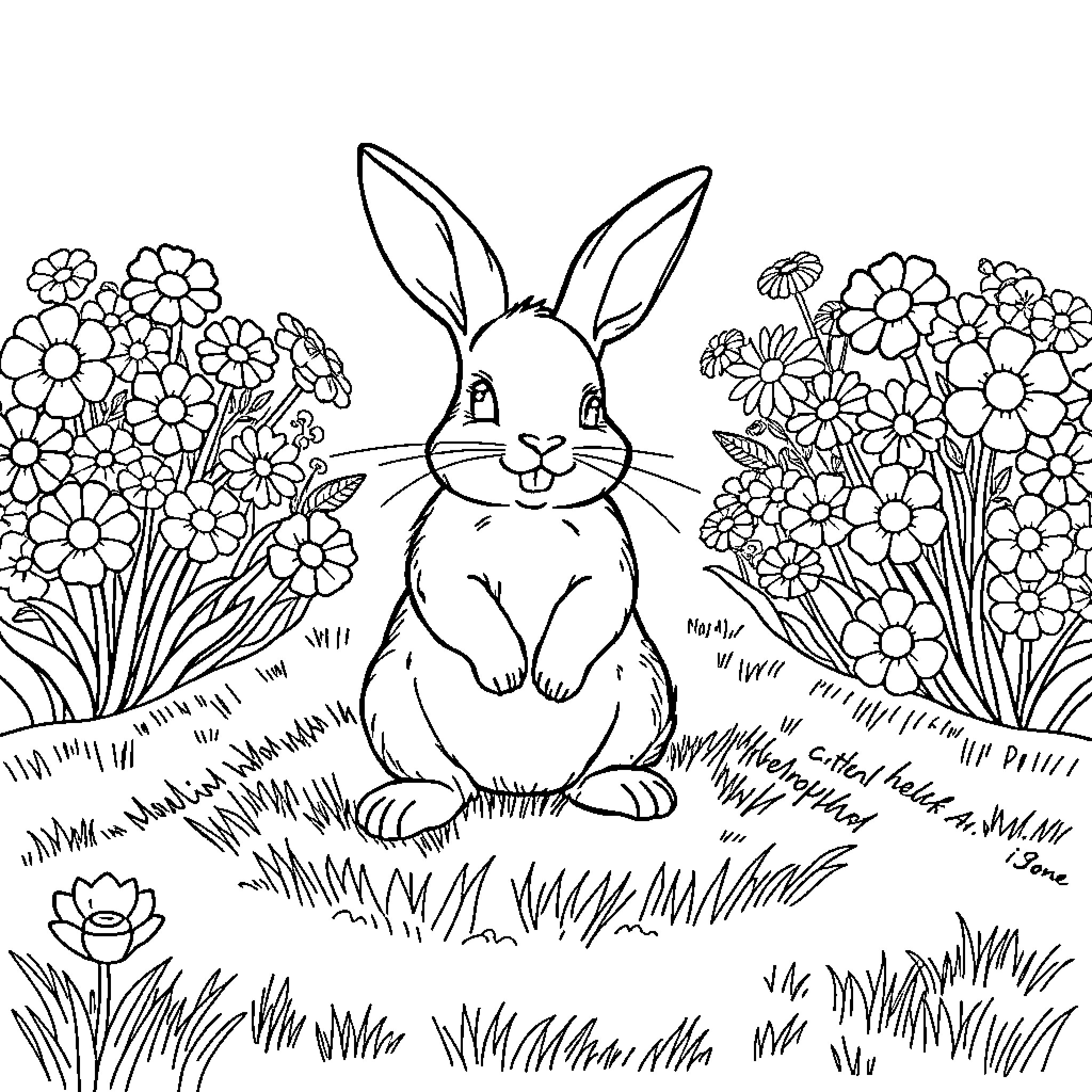 Bunny Enjoying a Garden of Flowers Coloring Page (free black-and-white line drawing printable PDF for all, from beginners to advanced learners, including children, teens, adults, and seniors)