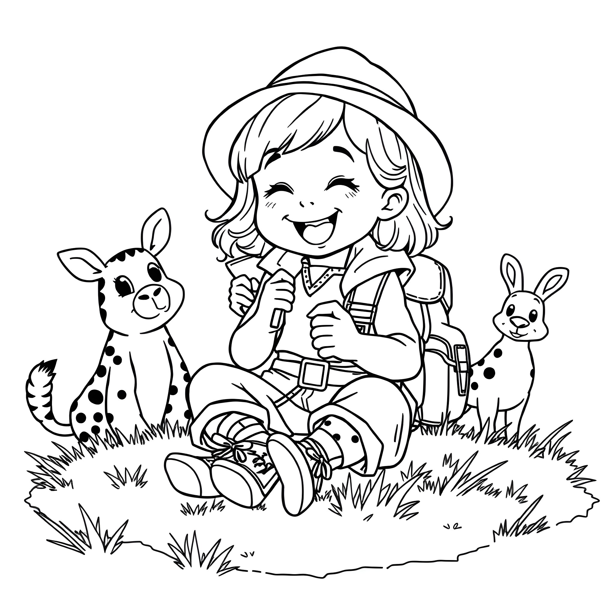 Girl happily playing with animal friends in nature Coloring Page (free black-and-white line drawing printable PDF for all, from beginners to advanced learners, including children, teens, adults, and seniors)