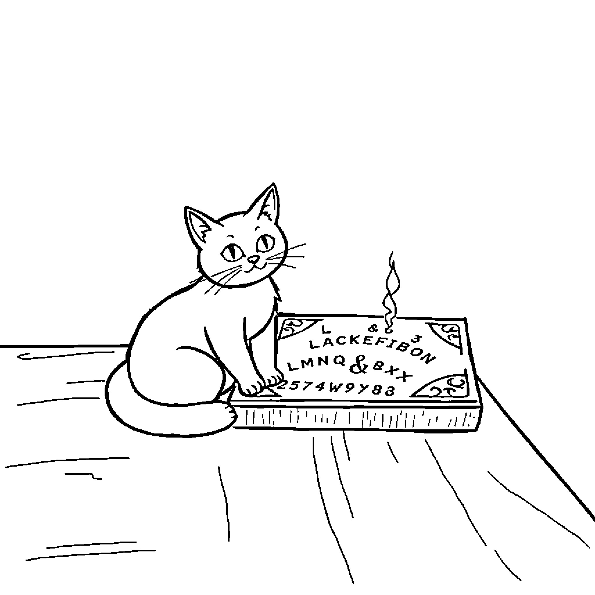 Cat observing a Ouija board Coloring Page (free black-and-white line drawing printable PDF for all, from beginners to advanced learners, including children, teens, adults, and seniors)