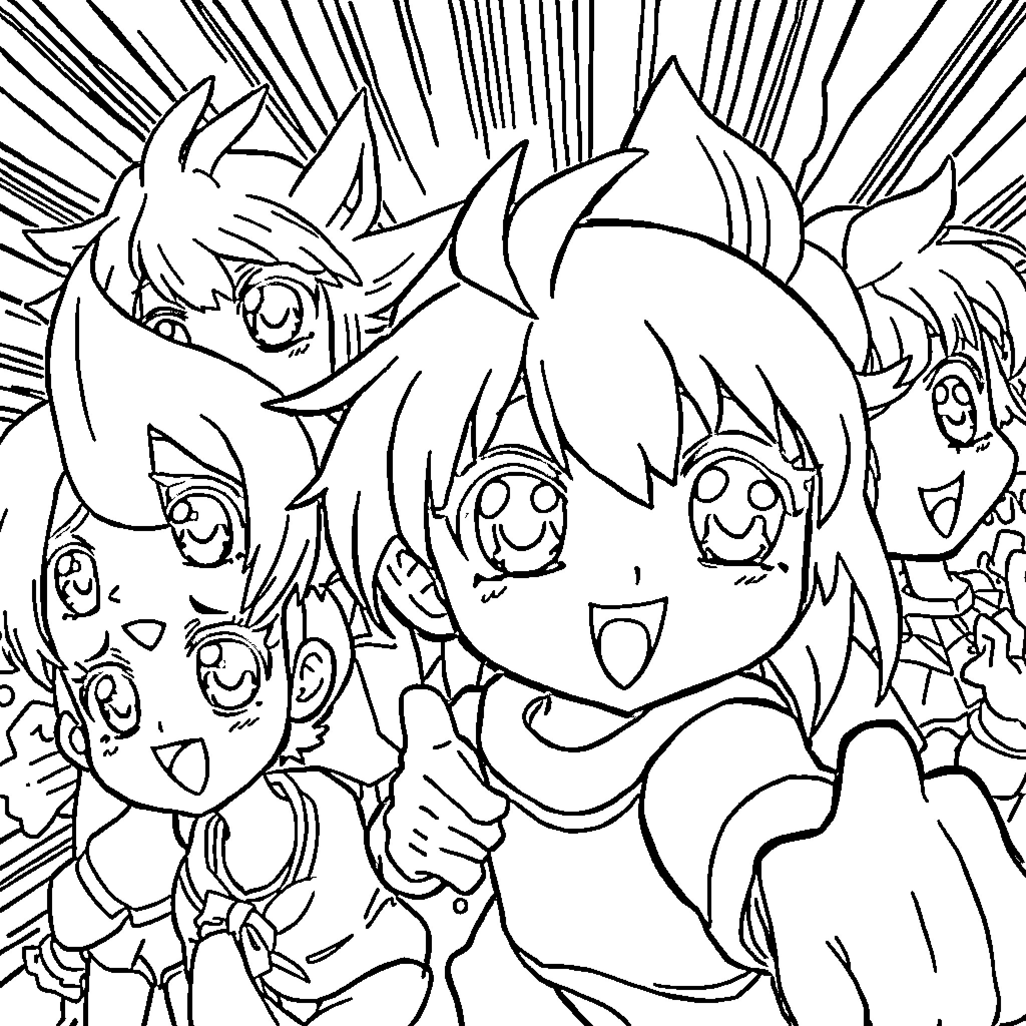 Anime Characters in Dynamic Expression Coloring Page (free black-and-white line drawing printable PDF for all, from beginners to advanced learners, including children, teens, adults, and seniors)