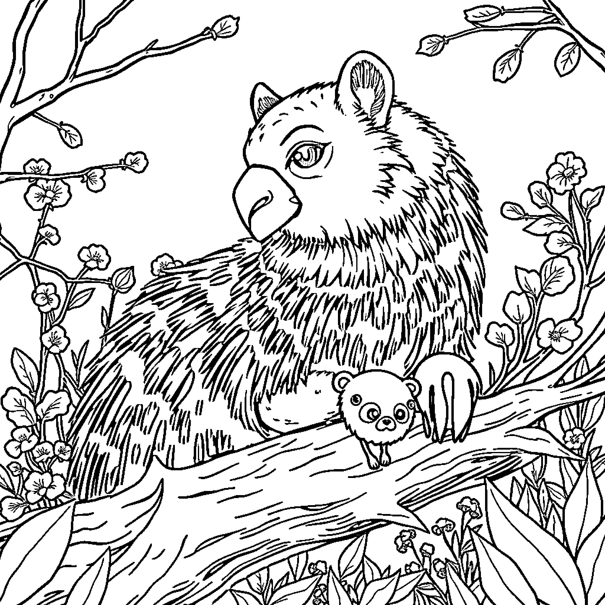 Capybara exploring lush floral surroundings Coloring Page (free black-and-white line drawing printable PDF for all, from beginners to advanced learners, including children, teens, adults, and seniors)