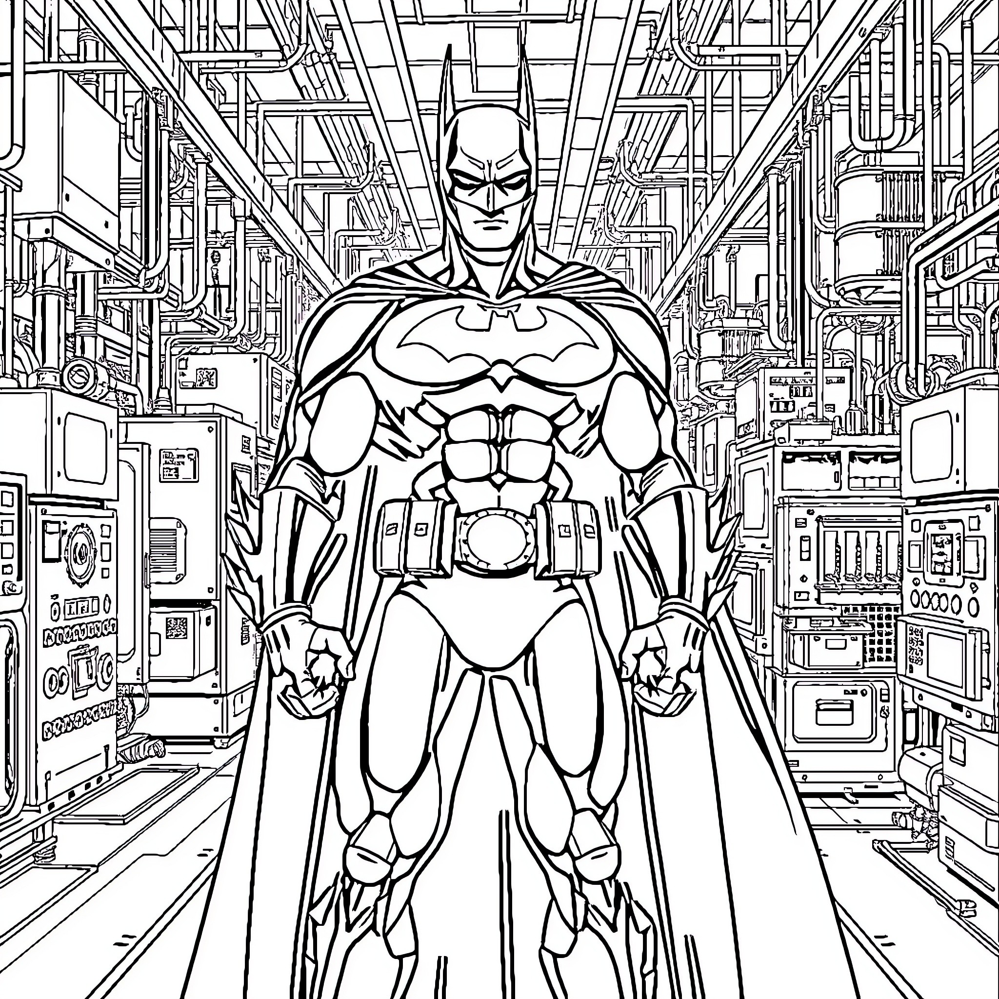 Batman Stands Heroically in a Futuristic Cityscape Coloring Page (free black-and-white line drawing printable PDF for all, from beginners to advanced learners, including children, teens, adults, and seniors)